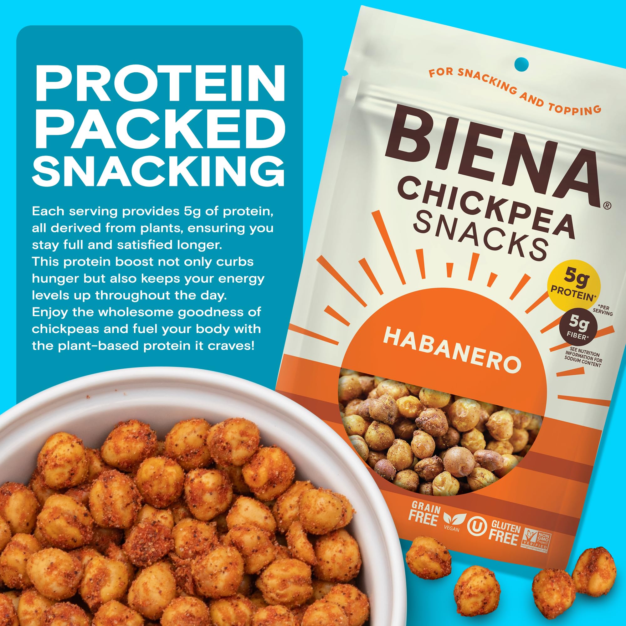 BIENA Chickpea Snacks - Crunchy Roasted Chickpeas - High Fiber Vegan Protein Snacks for Adults and Kids - 8-Pack, 5 Ounce - Habanero