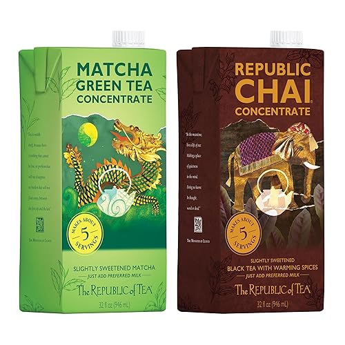 The Republic of Tea - Matcha Green Tea & Republic Chai Black Tea Concentrate Variety Pack, 2 Cartons - 32 fl oz (5 Servings Each), Latte Mix Sampler