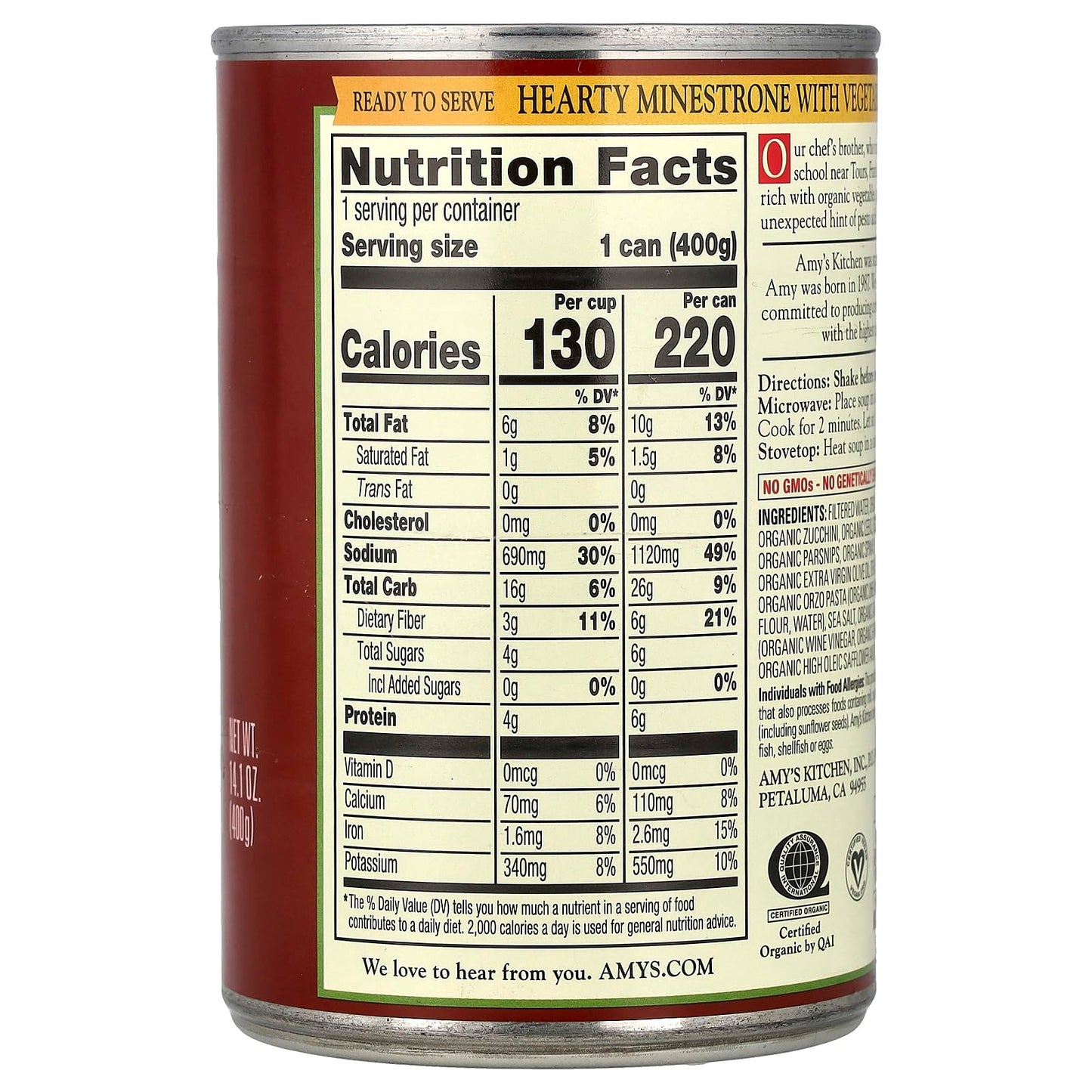Amys Organic Hearty Minestrone with Vegetables Soup, 12.7 Ounce - 12 per case.