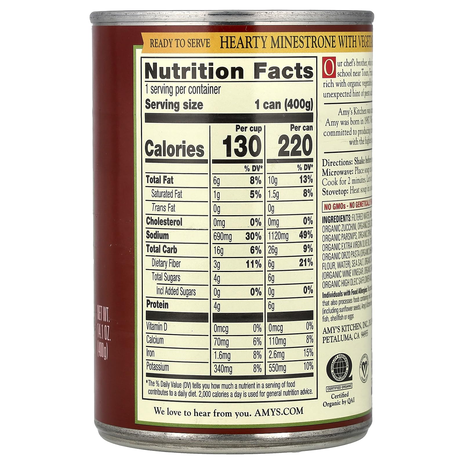 Amys Organic Hearty Minestrone with Vegetables Soup, 12.7 Ounce - 12 per case.