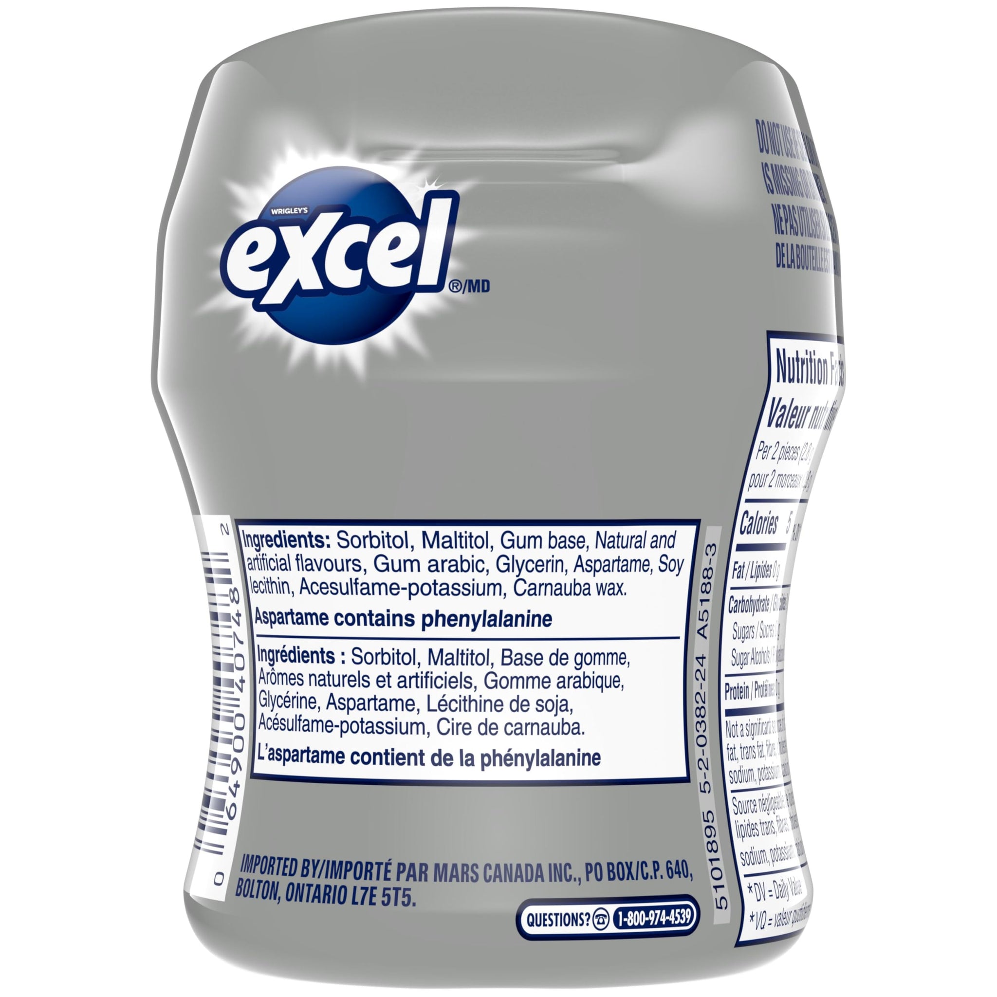 Excel Sugar-Free Gum, Polar Ice, 60pc Bottle, 6ct {Imported from Canada}