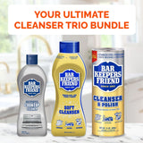 BAR KEEPERS FRIEND Cleanser Trio - Mega Bundle (21 Oz Cleanser and Polish Powder | 26 Oz Liquid Soft Cleanser | 13 Oz Cooktop Cleaner) Plus 1 Foxtrot