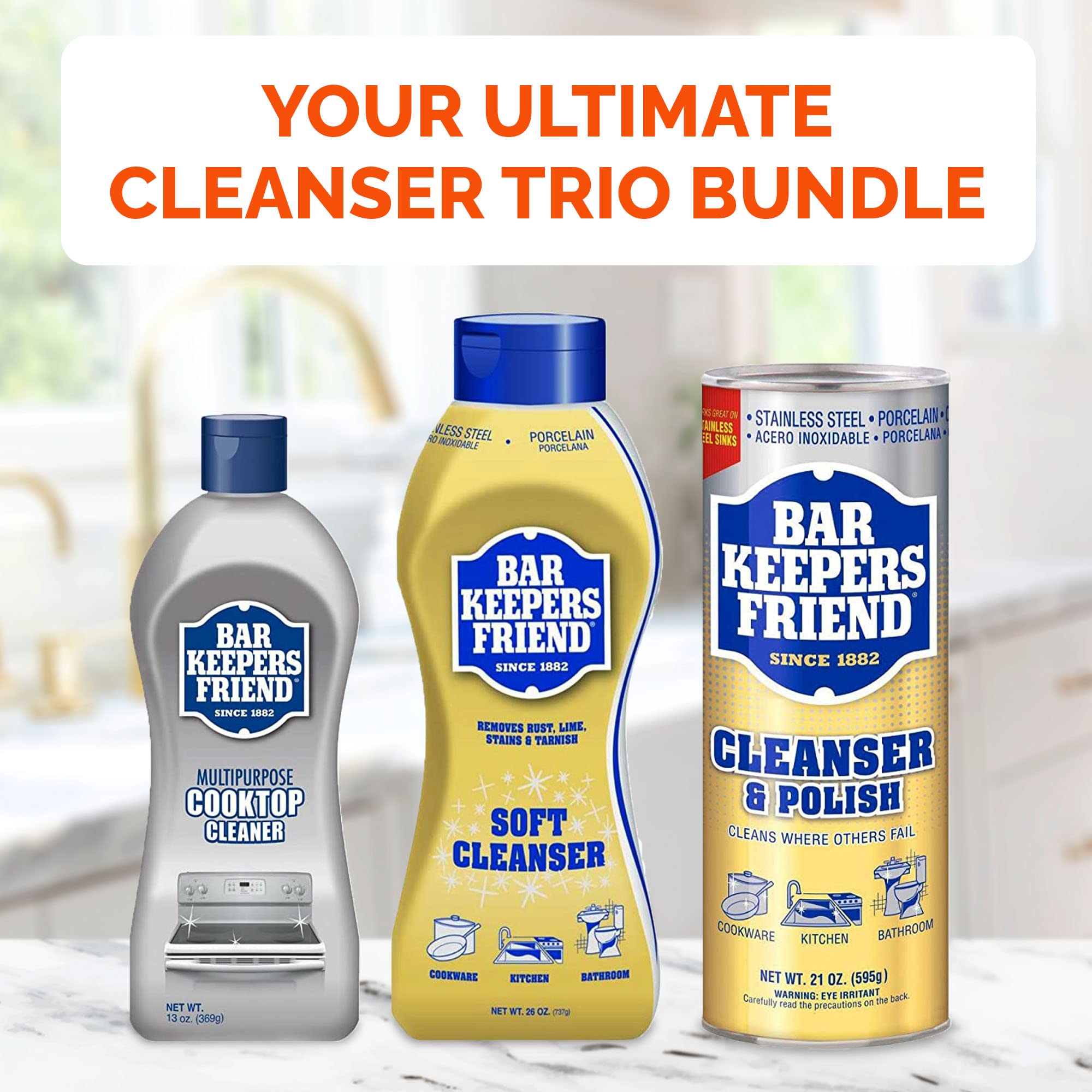 BAR KEEPERS FRIEND Cleanser Trio - Mega Bundle (21 Oz Cleanser and Polish Powder | 26 Oz Liquid Soft Cleanser | 13 Oz Cooktop Cleaner) Plus 1 Foxtrot