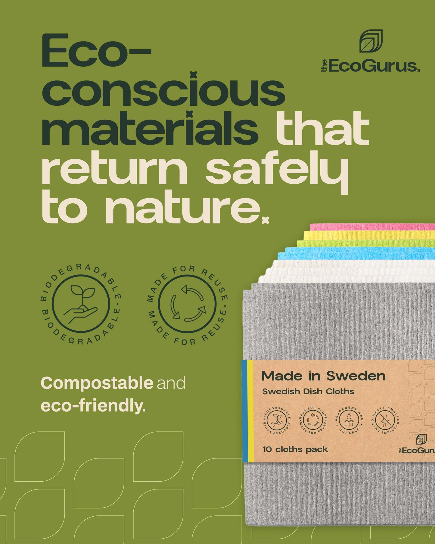 10 Pack Odour-Resistant Reusable Cleaning Cloths | Original Swedish Dishcloth | Made in Sweden | Suitable for All Surfaces | Biodegradable Cellulose