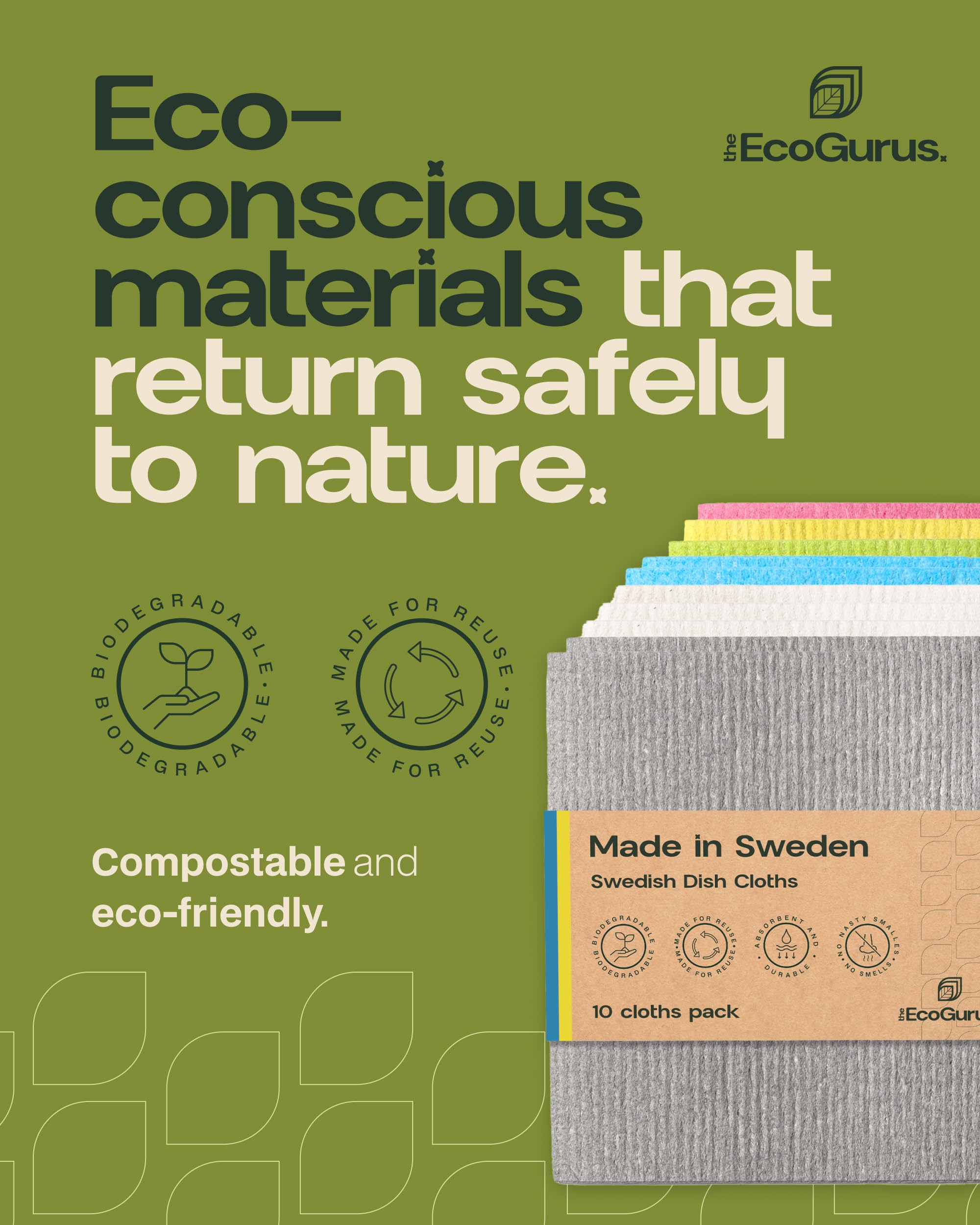 10 Pack Odour-Resistant Reusable Cleaning Cloths | Original Swedish Dishcloth | Made in Sweden | Suitable for All Surfaces | Biodegradable Cellulose