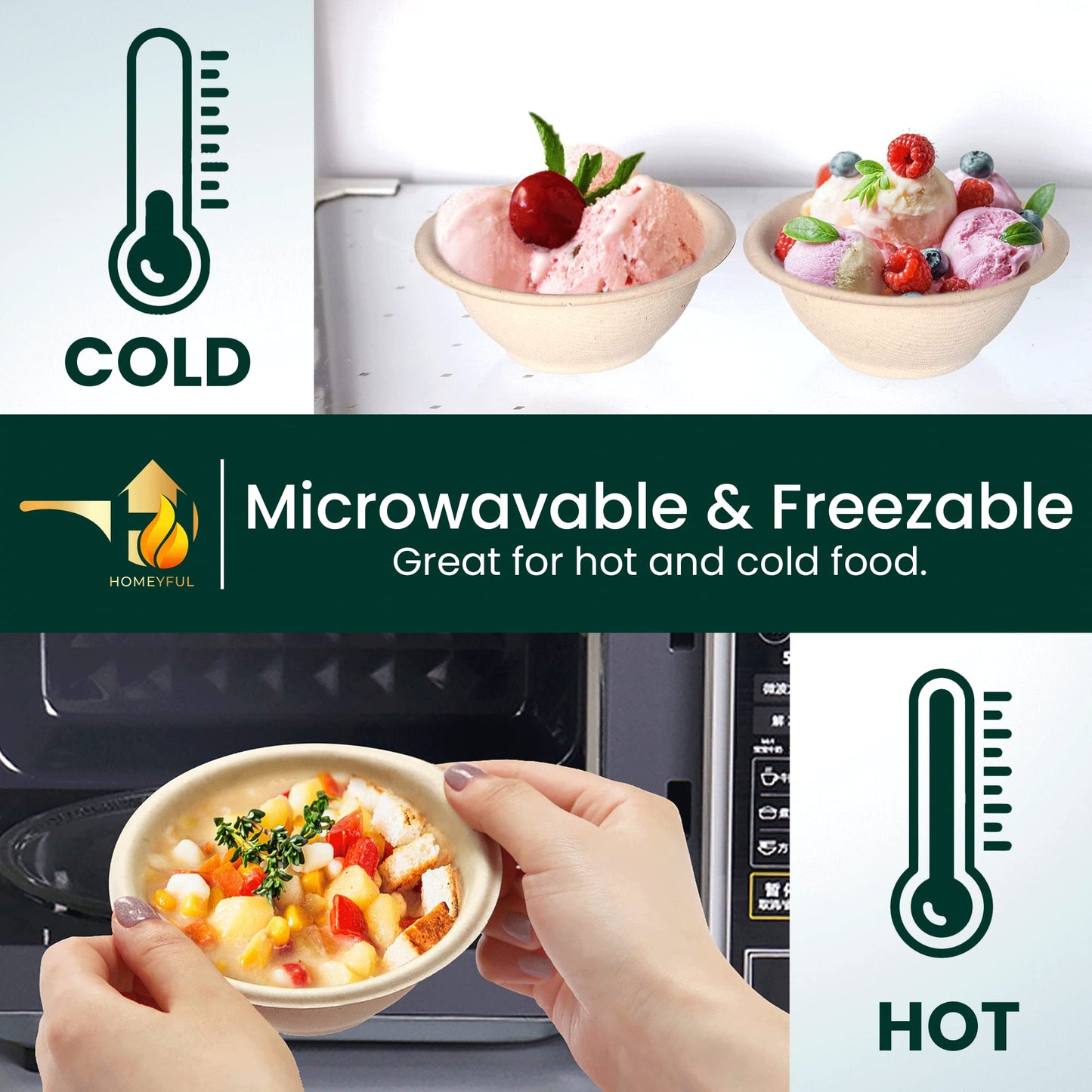 Homeyful Disposable Paper Bowls - 100pack 8oz Compostable Paper Bowls- For Condiments, Ice Cream, Chili, Dessert and Chip Dips- Made of Natural