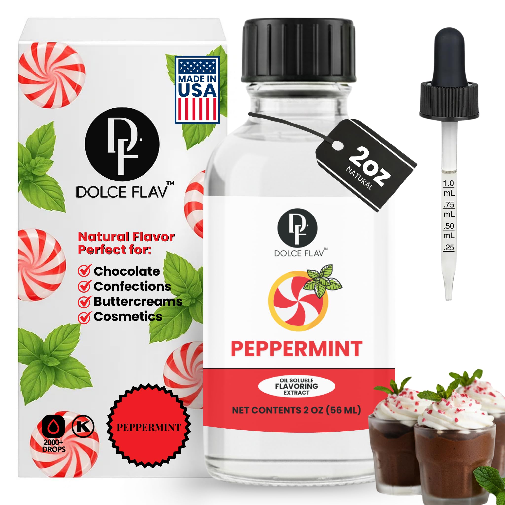 Dolce Flav Natural Peppermint Extract - 2 Ounce Oil-Soluble Kosher, Sugar-Free, Concentrated Pure Mint Flavor for Hard Candy, Chocolates & Baking