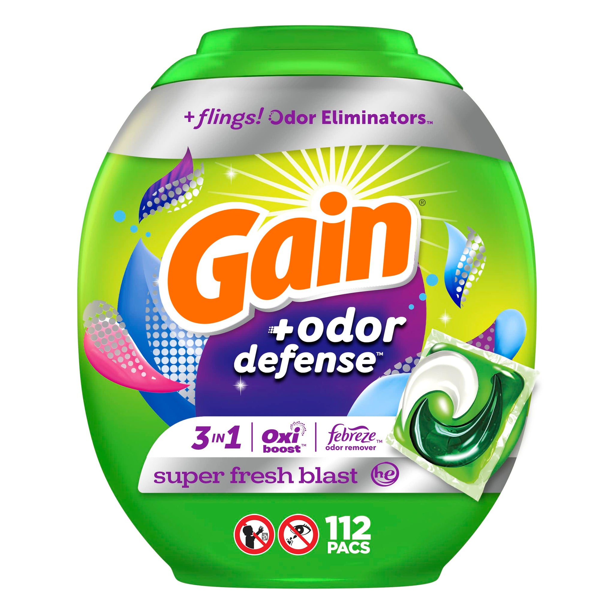 Gain Flings Laundry Detergent Pacs with Odor Defense, 112 Count, Super Fresh Blast Scent, HE 3in1 with Febreze and Oxi