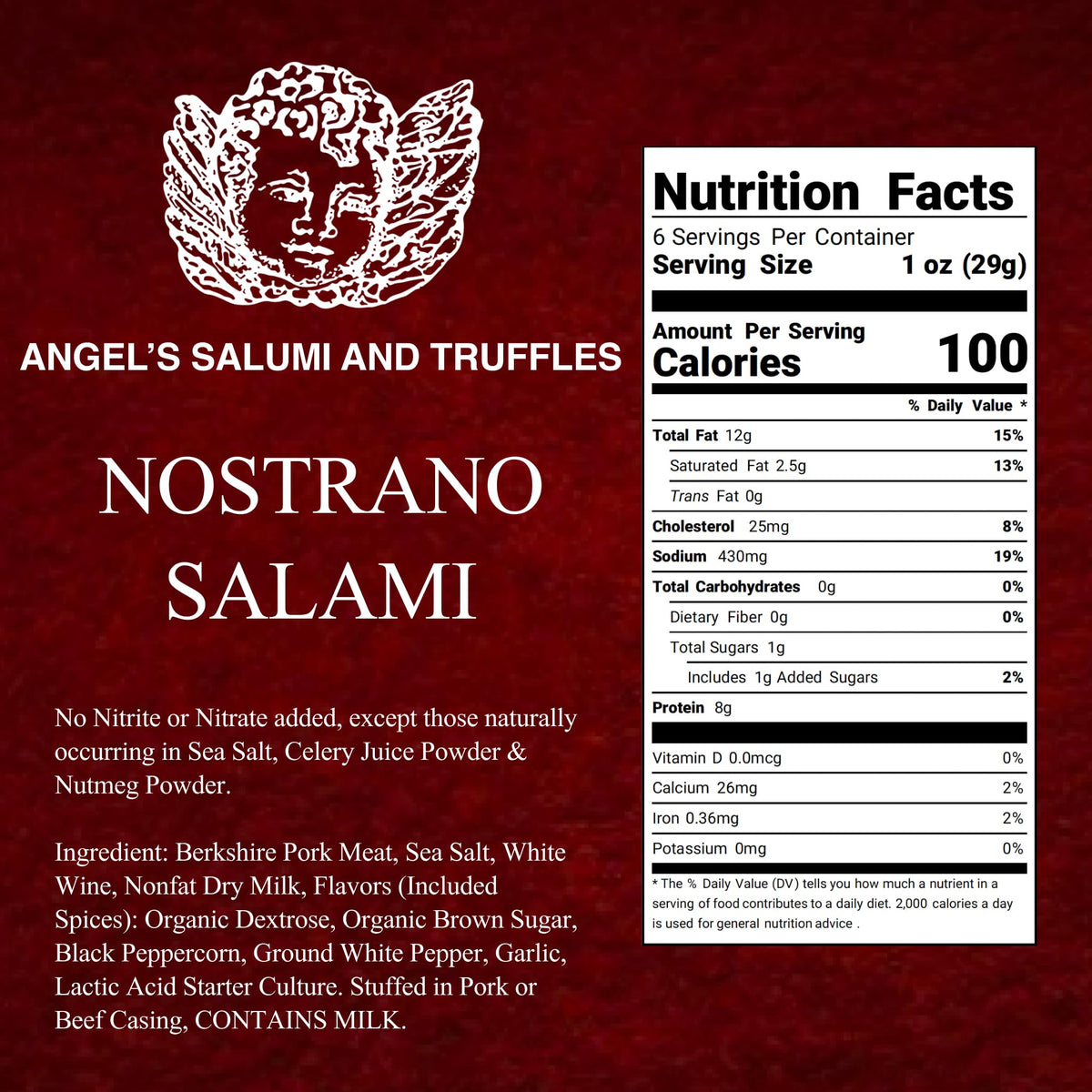 Angel's Salumi Nostrano Salami - 5.5oz Gourmet Artisanal Charcuterie - Humanely Raised, Vegetarian Fed, Antibiotic, Hormone, Nitrite, and MSG-Free