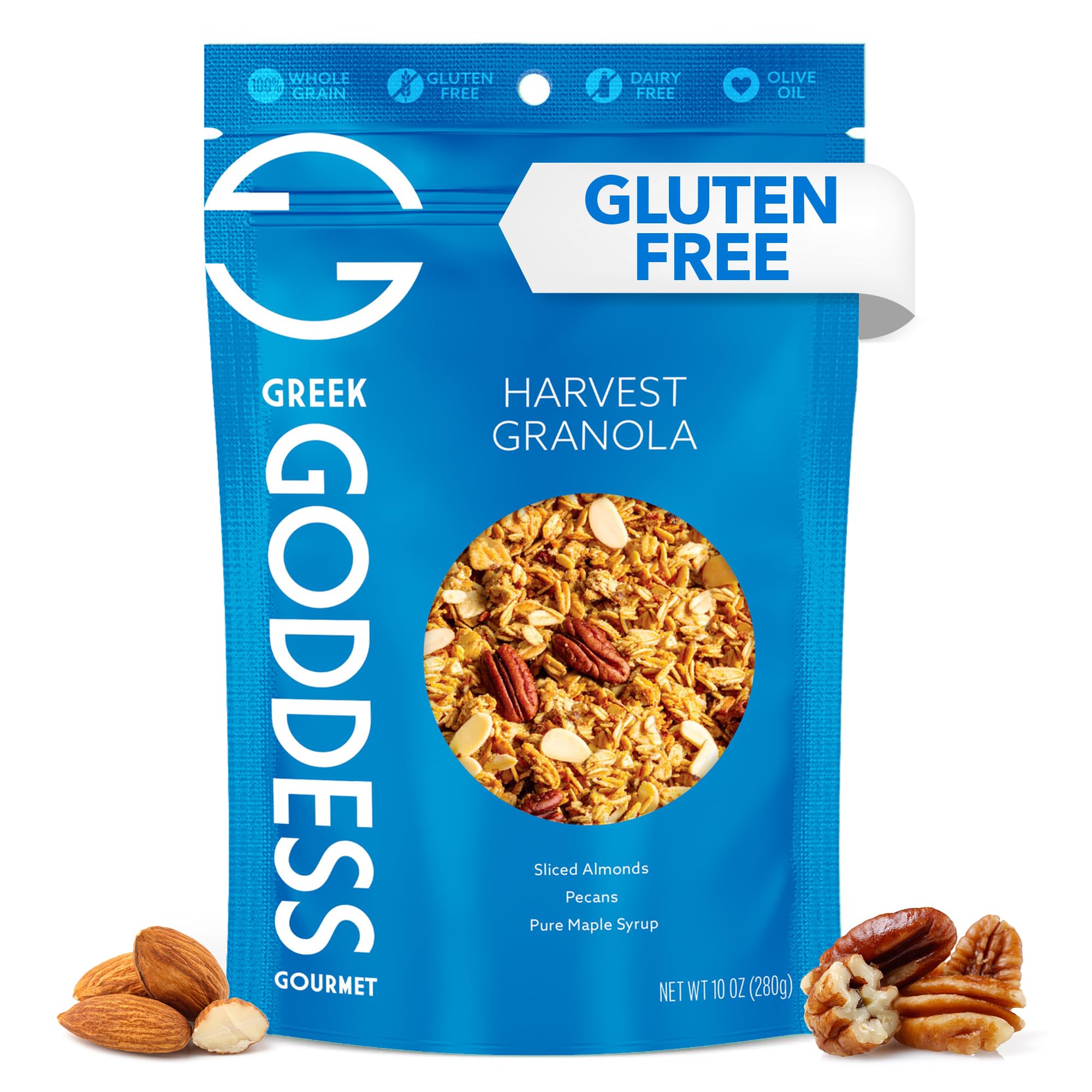 Greek Goddess Gourmet Harvest Granola with Pecans, Almonds, Coconut & Maple Syrup, 100% Whole Grain Oats & Olive Oil - Healthy, Greek-Inspired, Gluten
