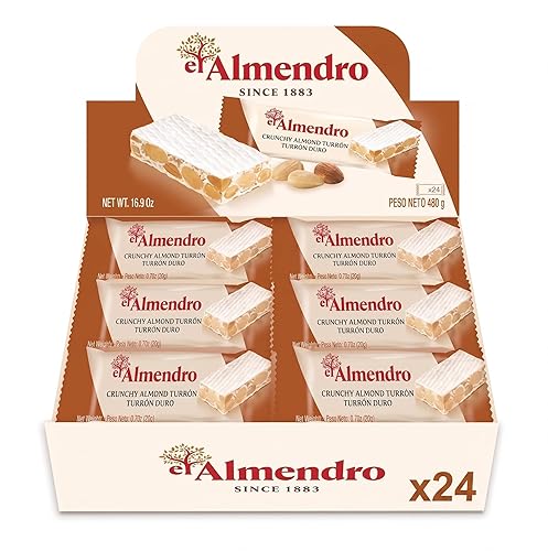 Crunchy Almond Turron Nougats From Spain, Traditional Spanish Candy Individually Wrapped, 24 Turron Duro Bars By El Almendro, Dessert, Gluten Free