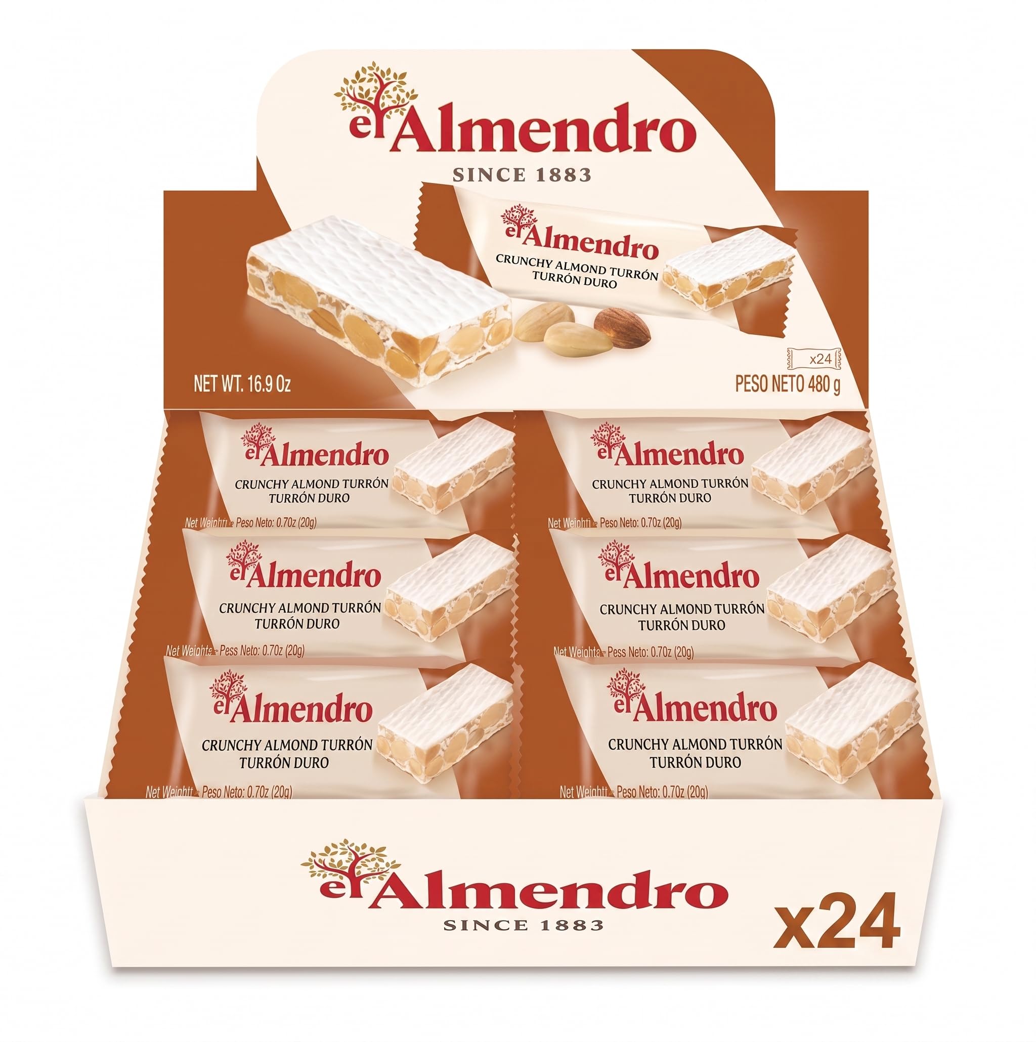 Crunchy Almond Turron Nougats From Spain, Traditional Spanish Candy Individually Wrapped, 24 Turron Duro Bars By El Almendro, Dessert, Gluten Free