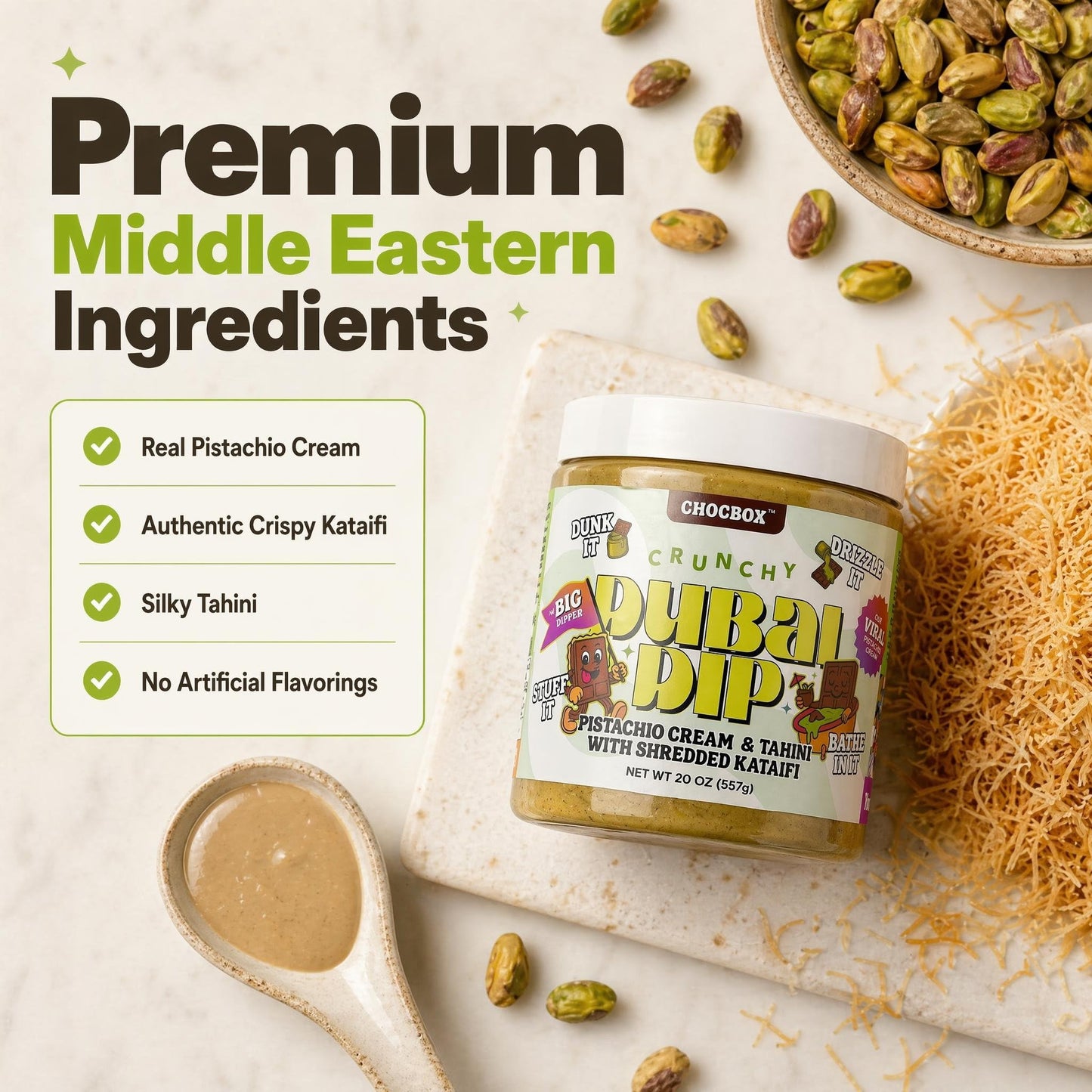 Chocbox Pistachio Cream Spread - Viral Dubai Chocolate Filling with Tahini & Crispy Kataifi - Sweet Savory Dessert Dip - Mother's Day, Gift (20oz)