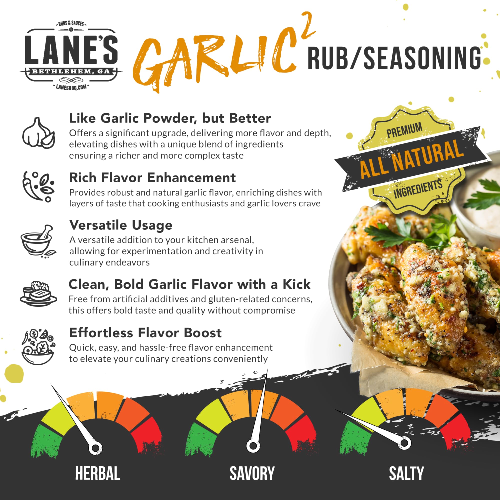 Lane's Garlic² Seasoning Blend, 4 Oz, Garlic and Herb Seasoning with Salt, Onion, Black Pepper, & Turmeric. All Purpose Dry Rub for Cooking Beef