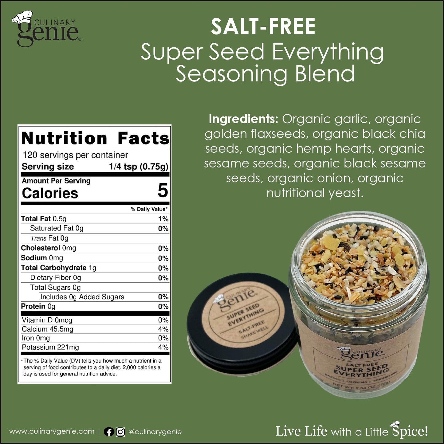 Culinary Genie Salt-Free Super Seed Everything Seasoning Blend - Everything Bagel Style with Seeds & Nutritional Yeast, No Salt Added