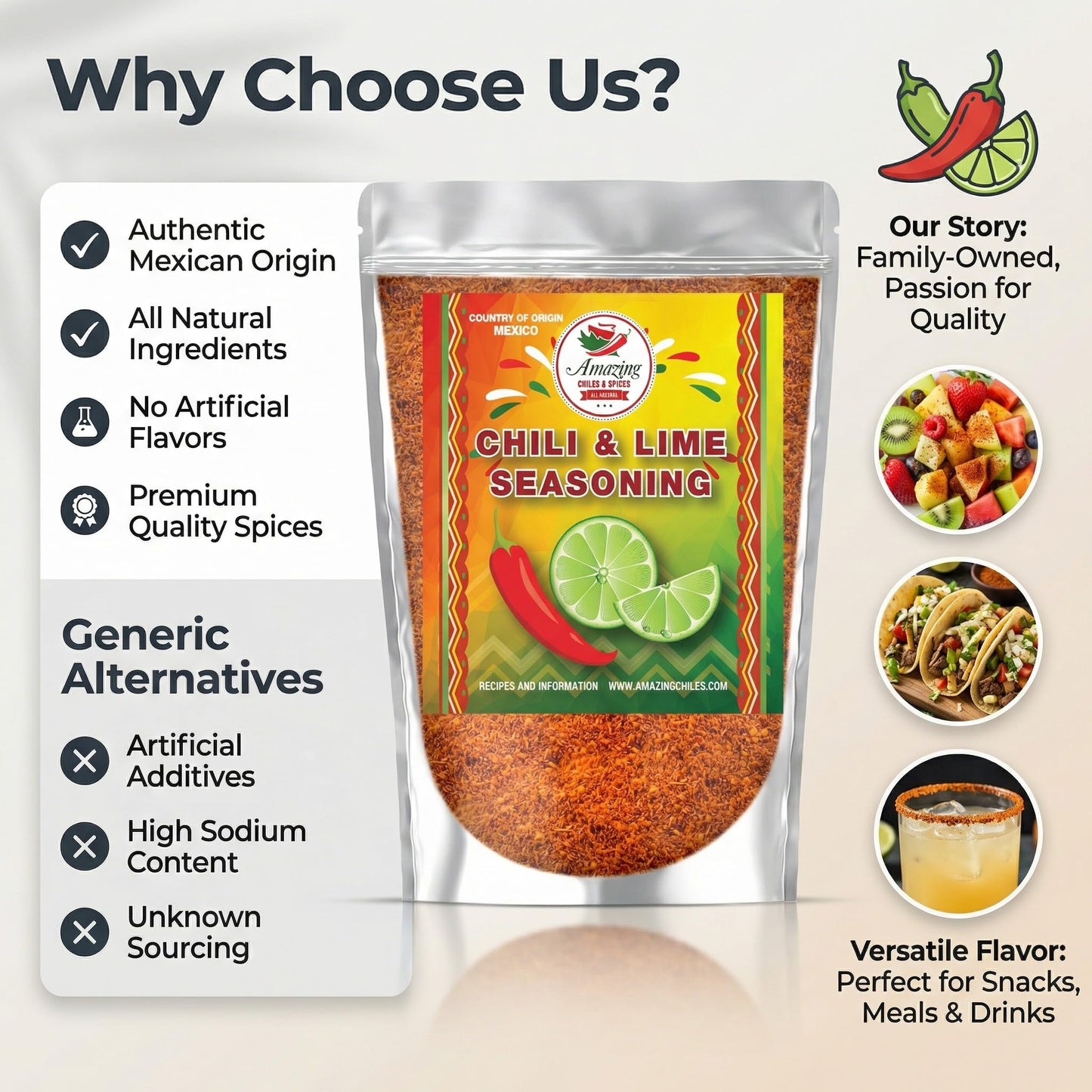 Chili Lime Seasoning, 8 oz. Fresh Natural Peppers and Sea Salt with Lime. Tangy Citrus Flavor With Mild Heat, Pairs with Fruit, Veggies, Seafood, or