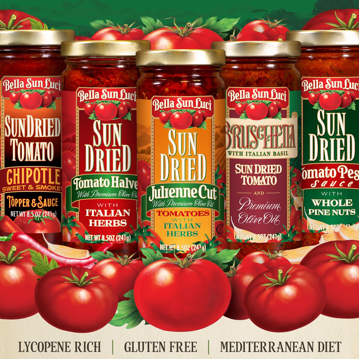 Bella Sun Luci Sun-Dried Tomato Halves in Premium Oil with Italian Herbs, Ready-to-Use Mediterranean Ingredient for Pasta, Salads & Pizza, 8.5 oz