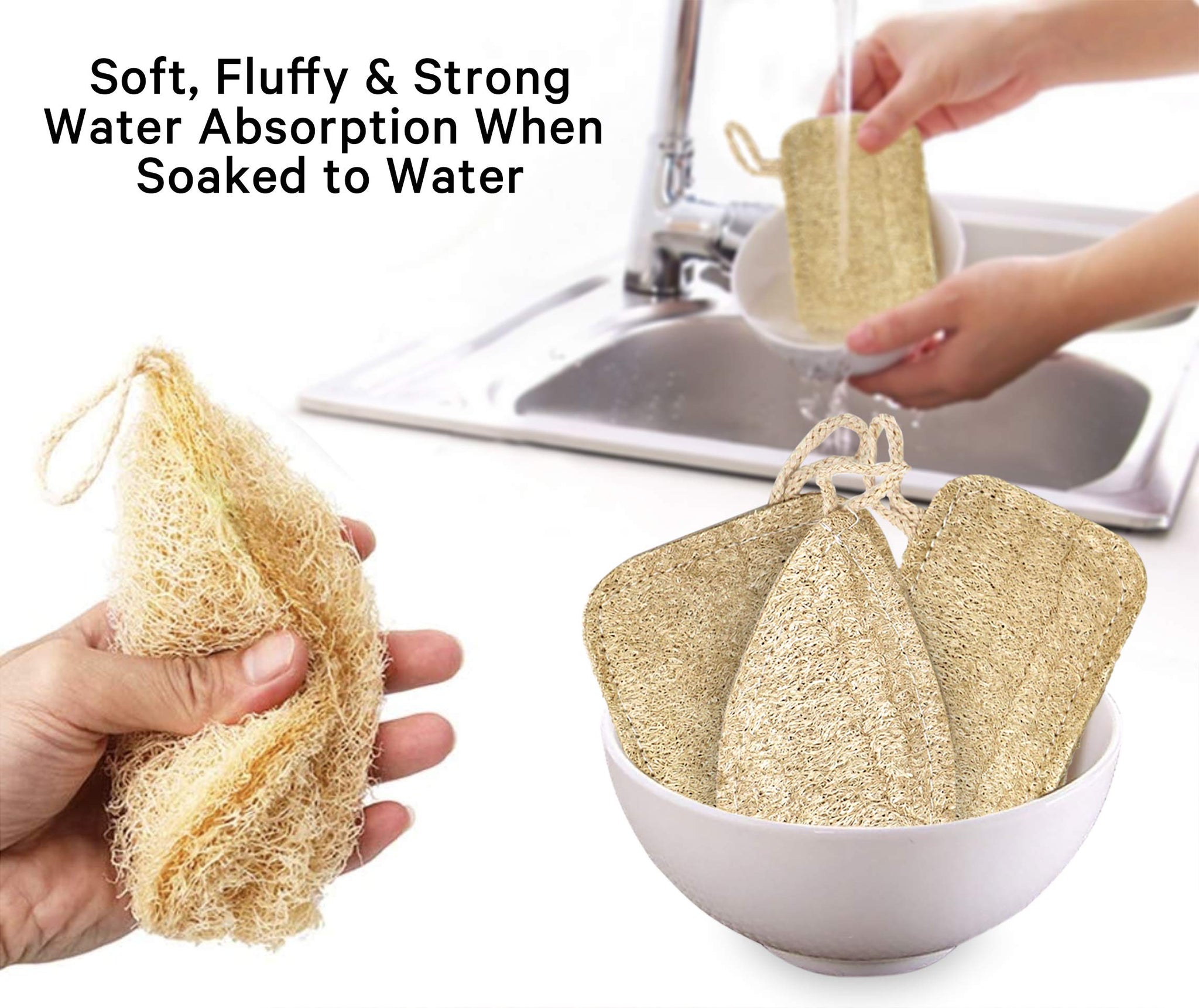 EMARA All Natural Kitchen Sponge Set of 3, Zero Waste Loufa, Organic, Vegan, 100% Biodegradable and Compostable, Durable, Reusable, Eco-Friendly