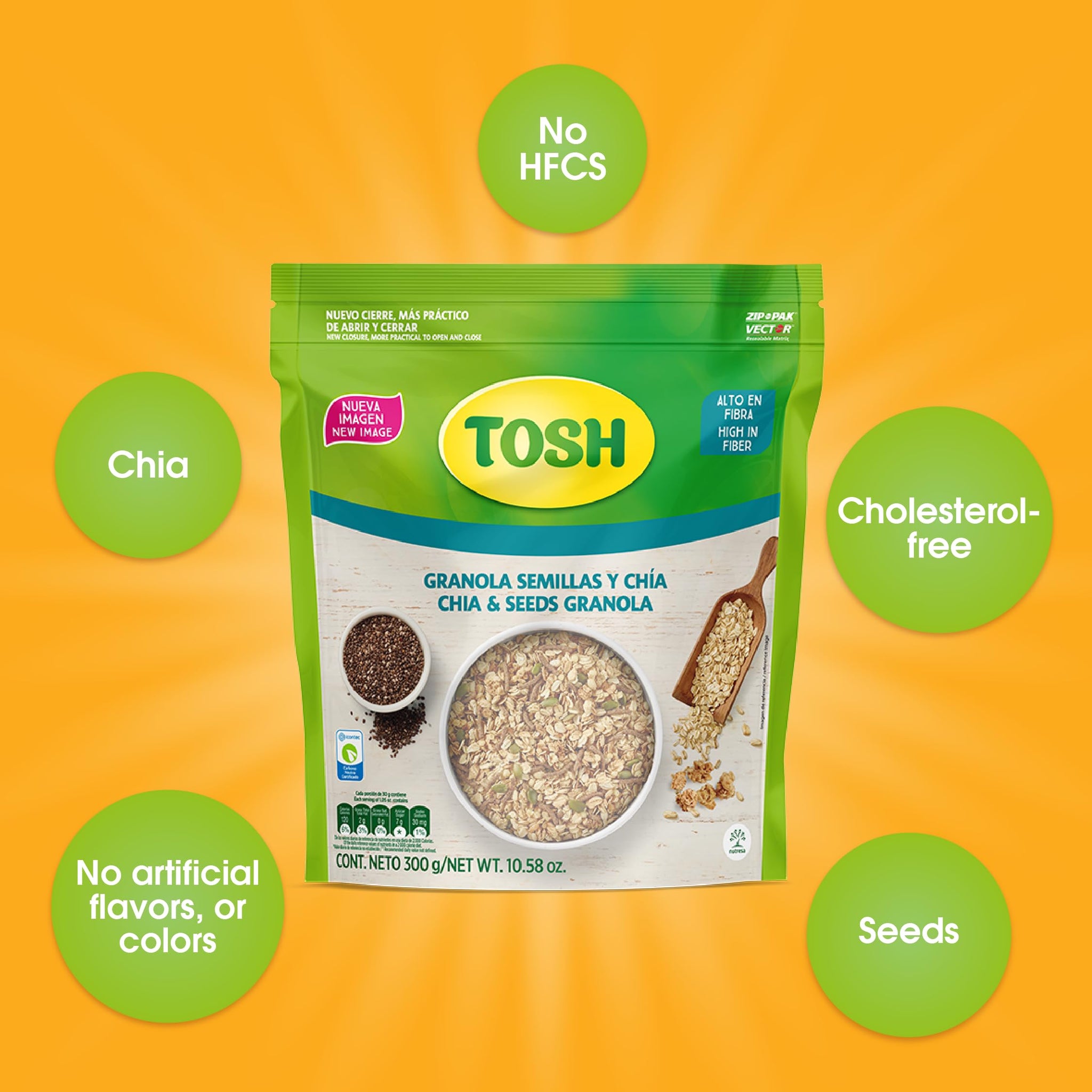 Tosh, Granola with Chia & Seeds, Cholesterol-Free, 10.5 Ounce, Pack of 3.