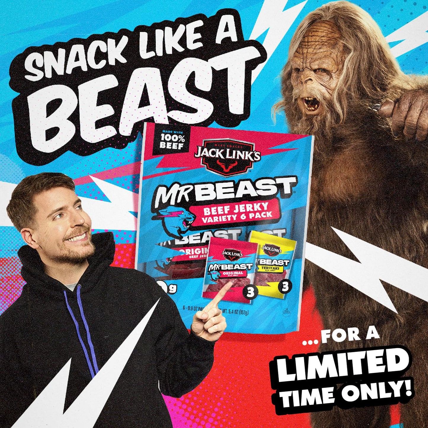 Jack Link's x MrBeast Beef Jerky, Original & Teriyaki Beef Jerky Variety Pack - (6 Pack) 0.9oz Bags - Up to 10g of Protein - Made with 100% Real Beef