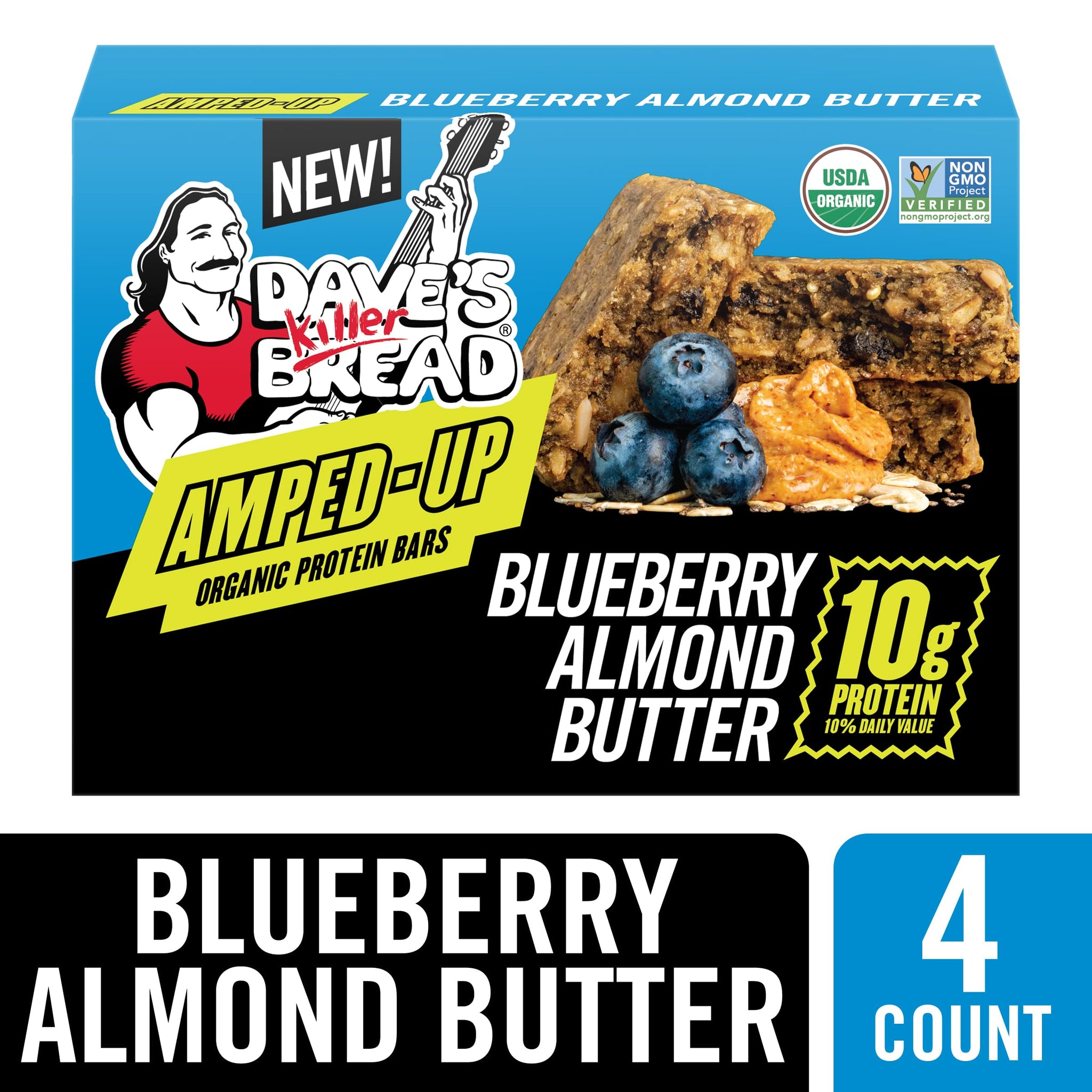 Dave's Killer Bread Blueberry Almond Butter Amped-Up Protein Bars 4 CT + 1 Branded Sticker Variety Pack