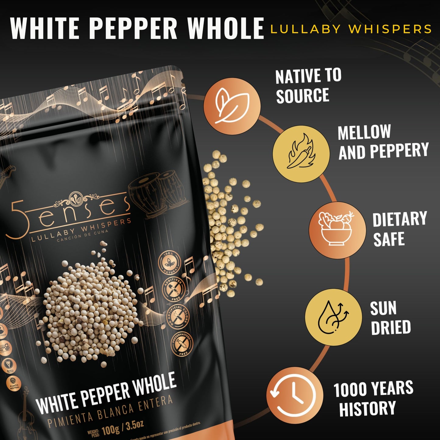 5Senses Malabar Whole White Pepper | Pimienta Blanca | Lullaby Whispers | 100% Natural, Non-GMO, Fairtrade Whole Spices, Gourmet Spice, Kosher