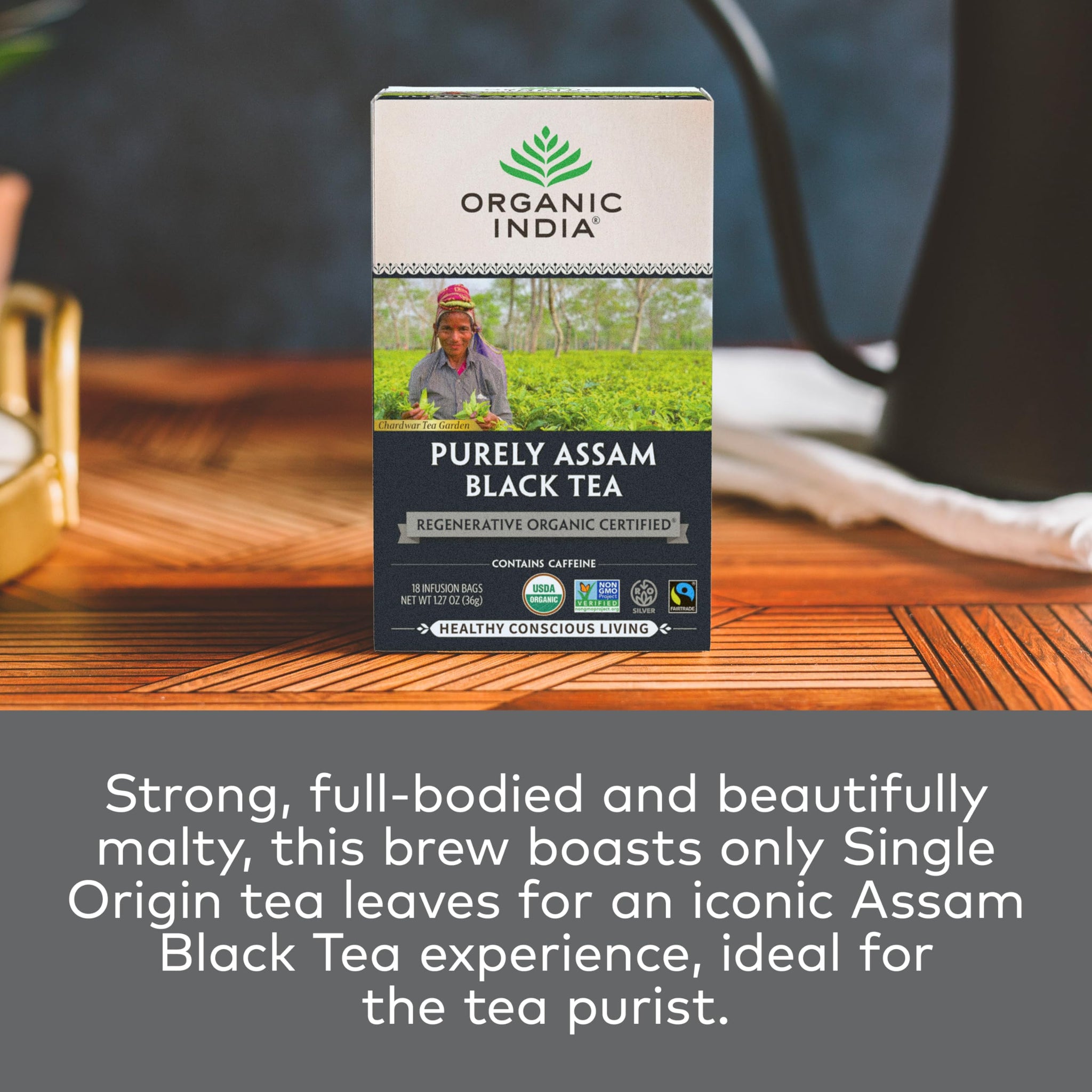 Organic India Purely Assam Black Tea - Caffeinated Herbal Tea Bags with Natural Assam Leaves, Enjoy with Milk & Sweetener, USDA Organic, Non-GMO