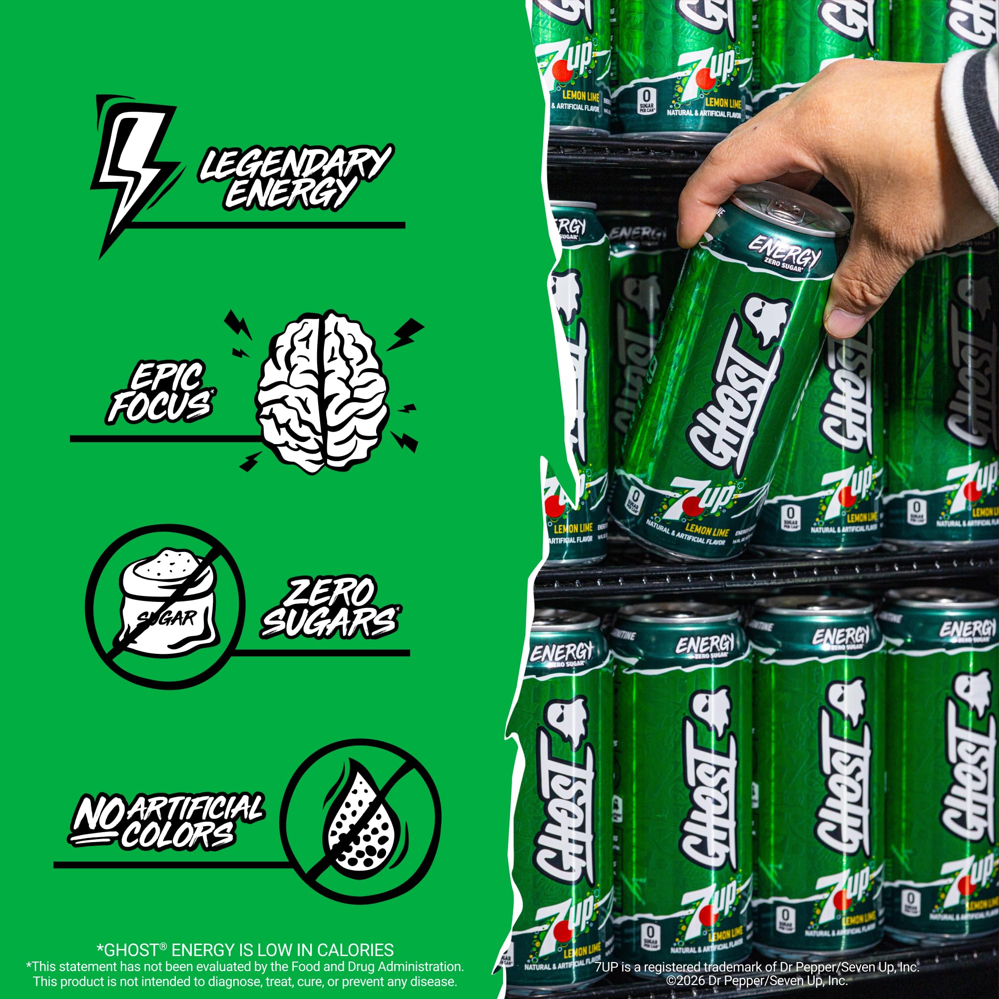 GHOST Energy Drink - 12-Pack, 7UP, 16oz Cans - Energy & Focus & No Artificial Colors - 200mg of Natural Caffeine, L-Carnitine & Taurine - Gluten-Free