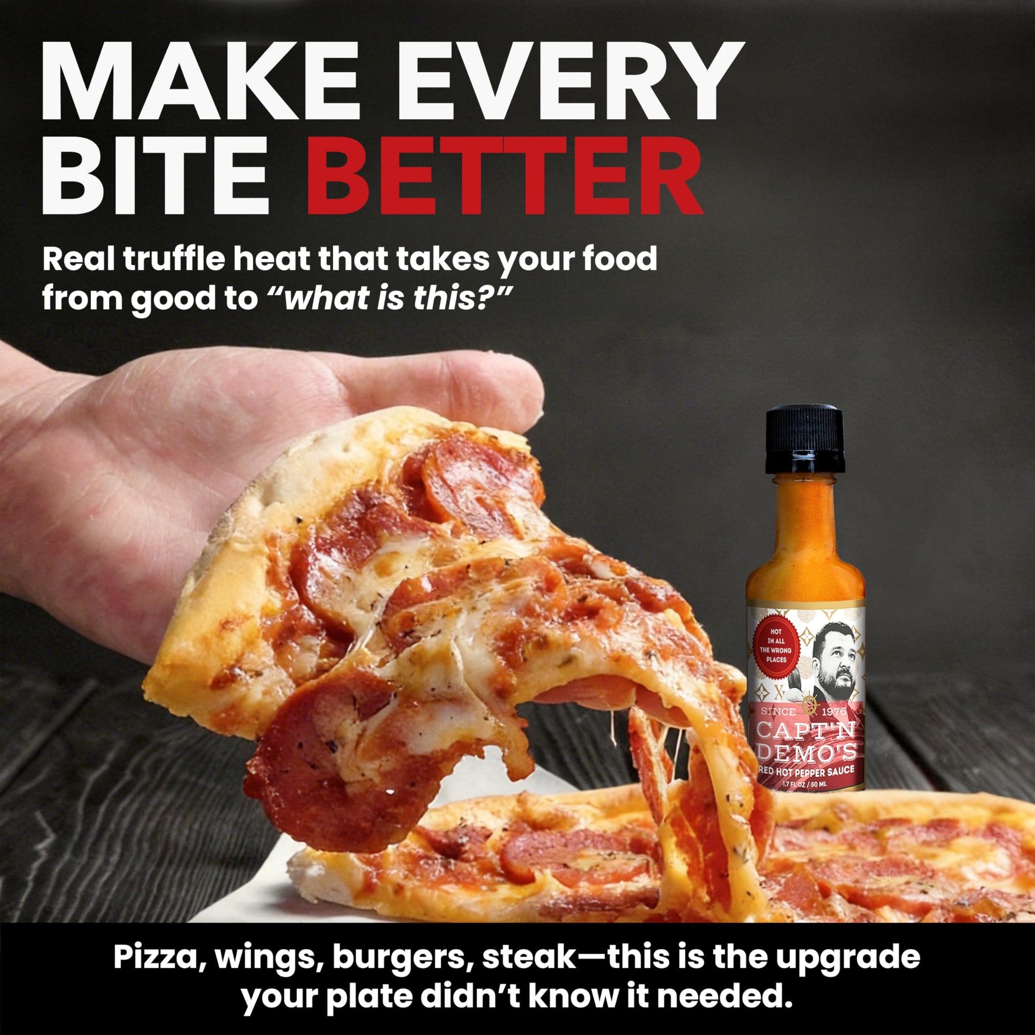 CAPTAIN DEMO's BIG TRUFFLE Red Hot Pepper Sauce- 5 Pack of Mini Travel Bottles. Never Leave Home Without Capt'n Demo!