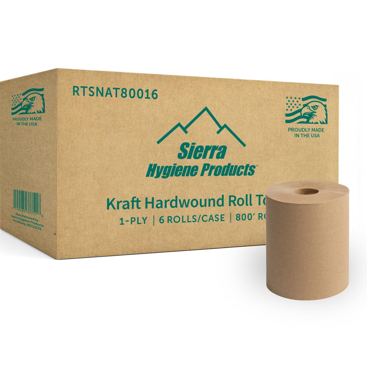 Sierra Hygiene 1-Ply Natural (Kraft) Roll Towels, 8” x 800’, Hardwound Universal Paper Towel Rolls for Commercial Restrooms, Restaurants, Schools