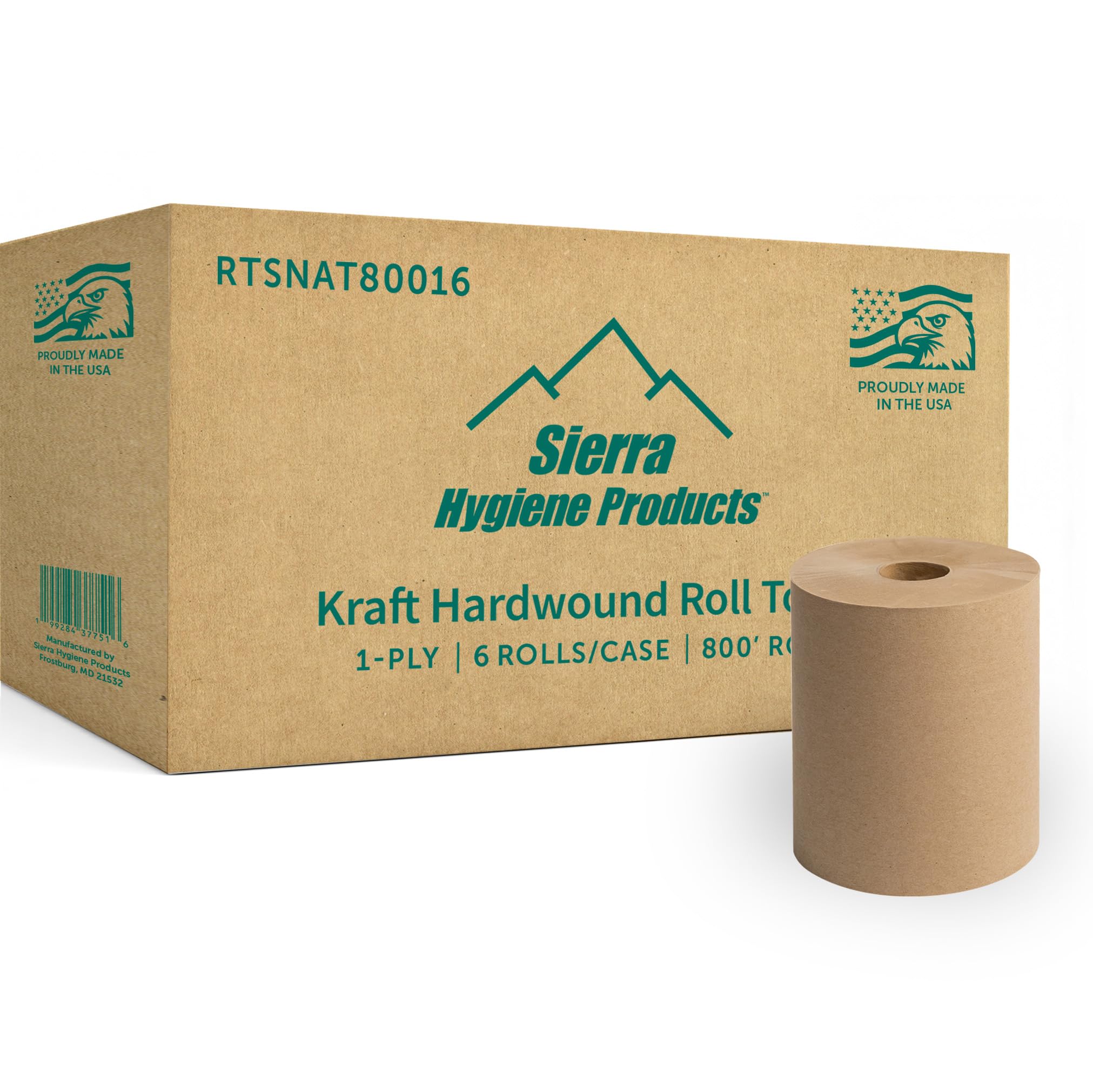 Sierra Hygiene 1-Ply Natural (Kraft) Roll Towels, 8” x 800’, Hardwound Universal Paper Towel Rolls for Commercial Restrooms, Restaurants, Schools