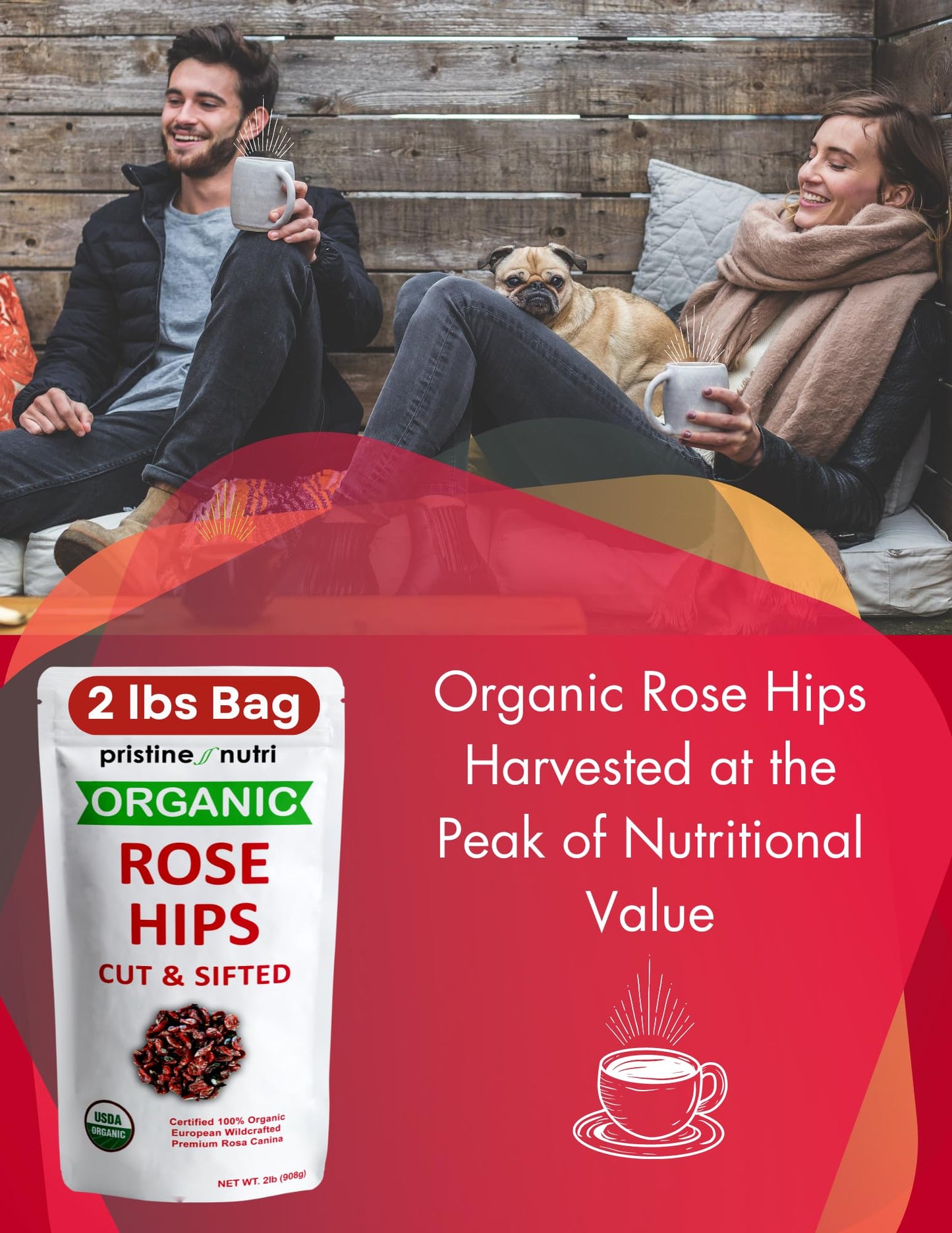 2 lb (32 oz) 100% USDA Organic Rose Hips Dried Bulk, Rosehips Cut & Sifted Shells, 95% Seedless, European All Natural, Makes 140 Cups of Vitamin C