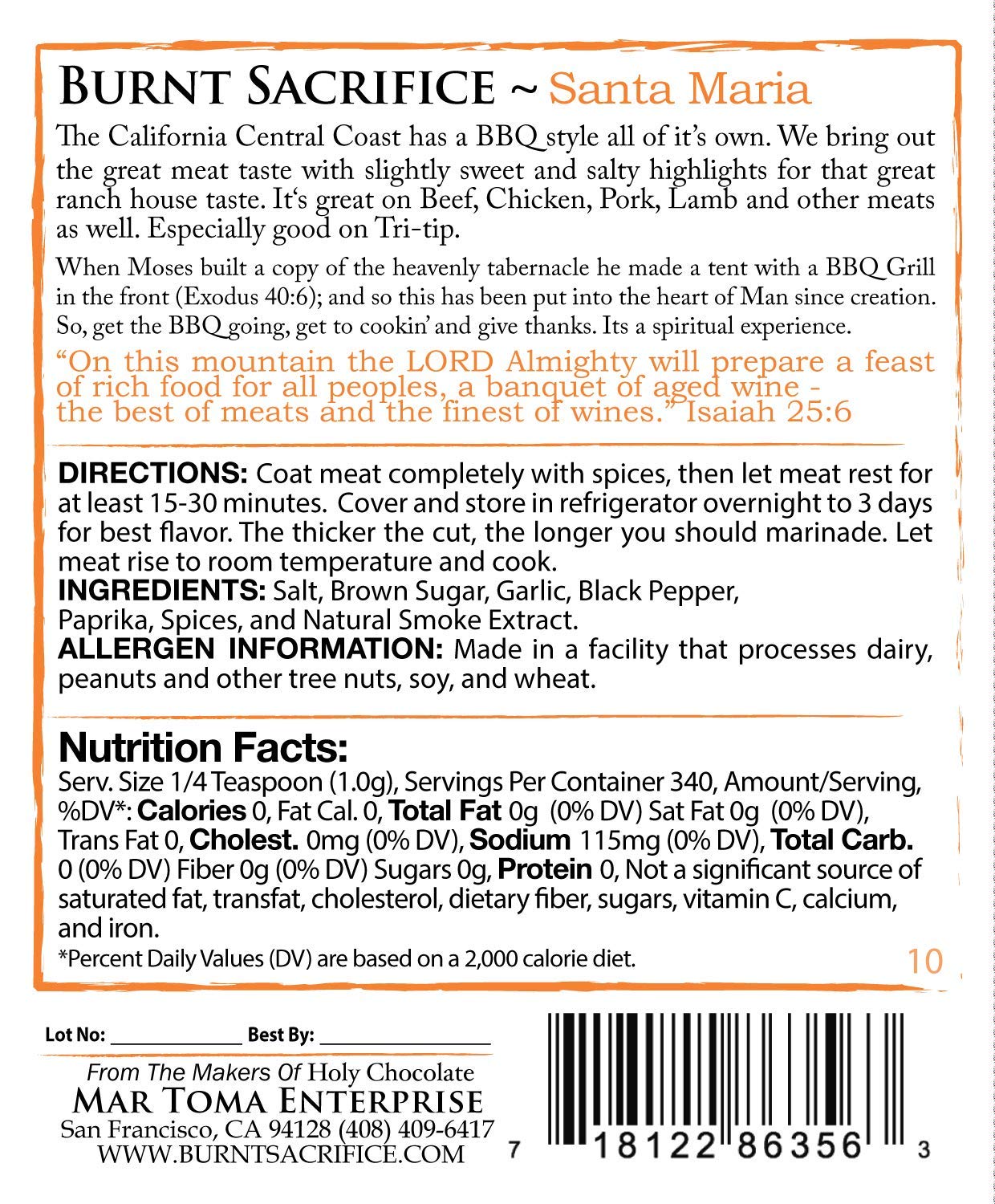 Burnt Sacrifice Santa Maria Style Gourmet BBQ Dry Rub Spice Seasoning (10 OZ Bag Makes Over 20 Pounds) All-Natural, Tri-tip Brisket Prime-Rib Chuck