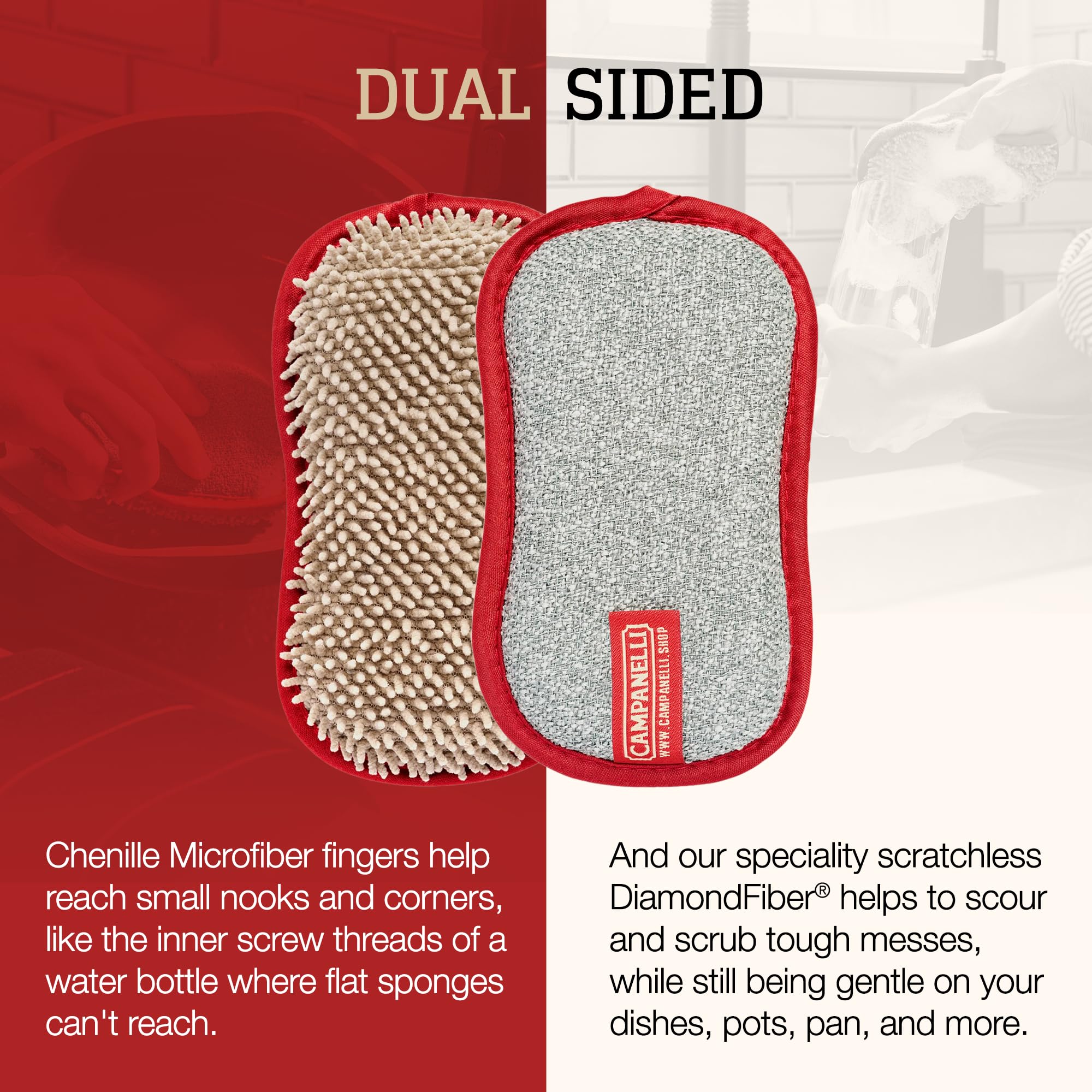 CAMPANELLI Premium Dual-Sided Dish Sponge | Chenille Microfiber & DiamondFiber Scrubber, Washable Reusable Sponges for Dishes Pots & Pans, Ergonomic
