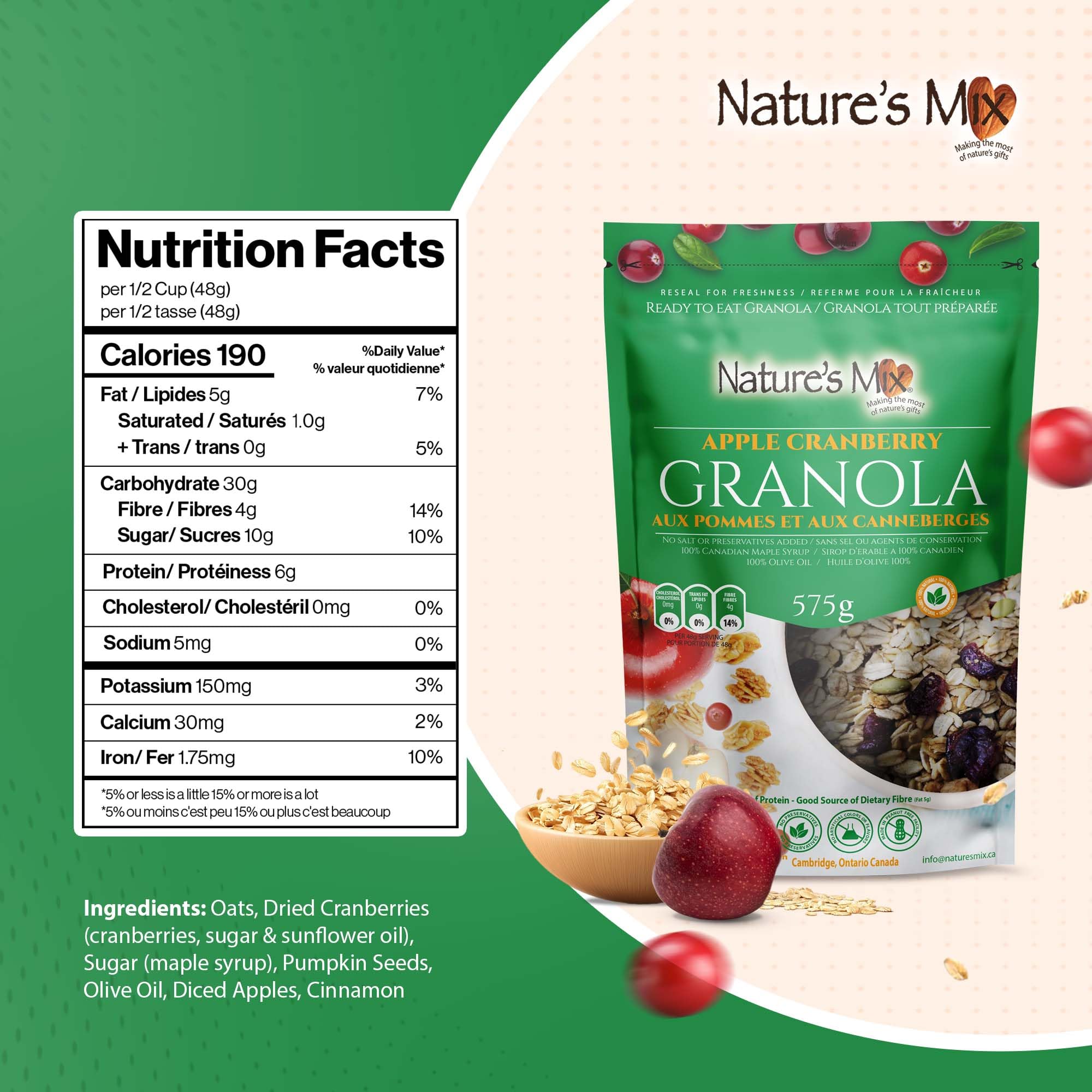 Nature's Mix - Apple Cranberry Granola - Apples, Cranberries and Pumpkin Seeds - No Sugar, Salt, or Preservatives - Kosher, Vegan, Soy-Free - Large