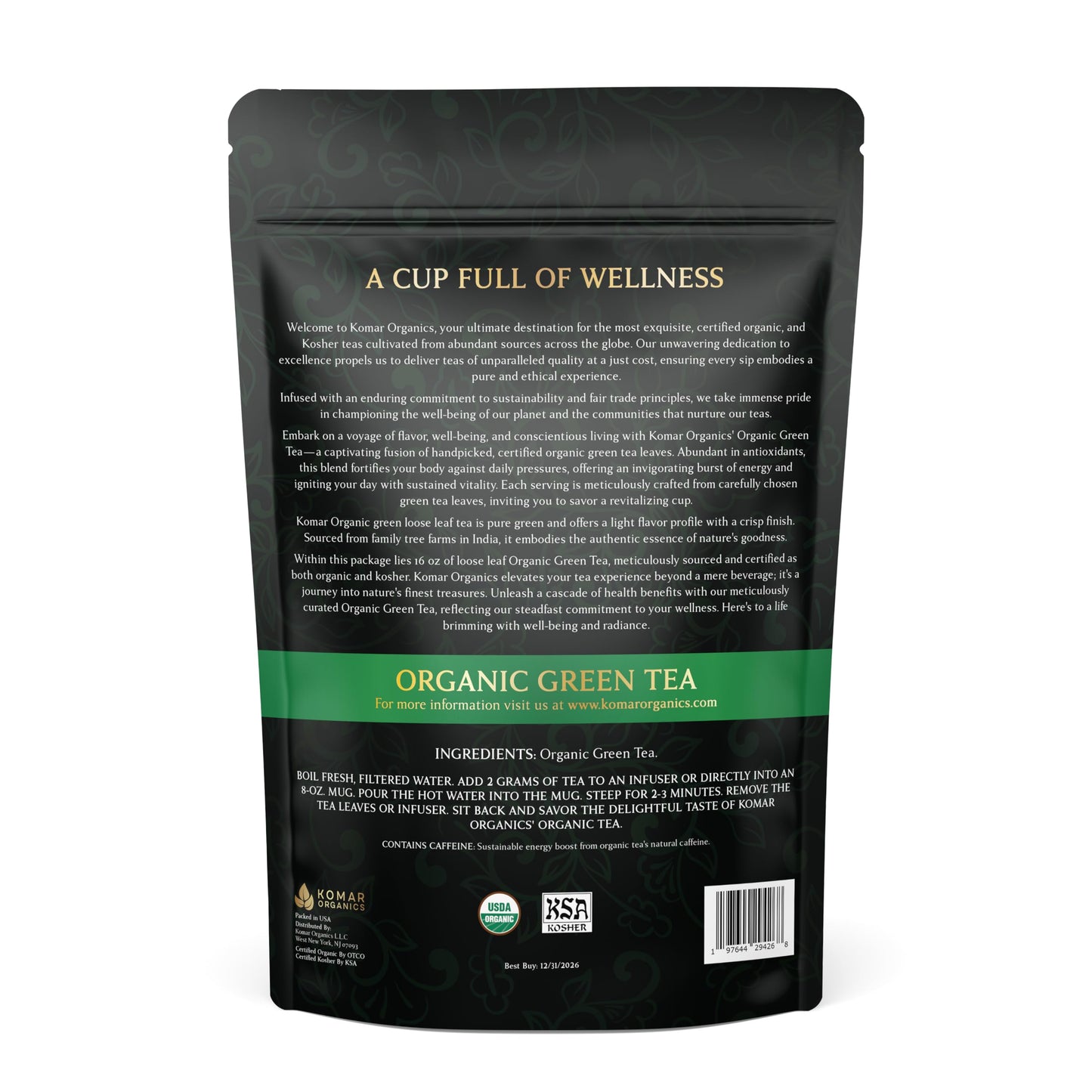 Komar Organics Loose Leaf Green Tea - 16Oz USDA Organic for Energy Boost, Antioxidants - Certified Kosher Delicate Flavor Assam Tea Organic Tea Leaves