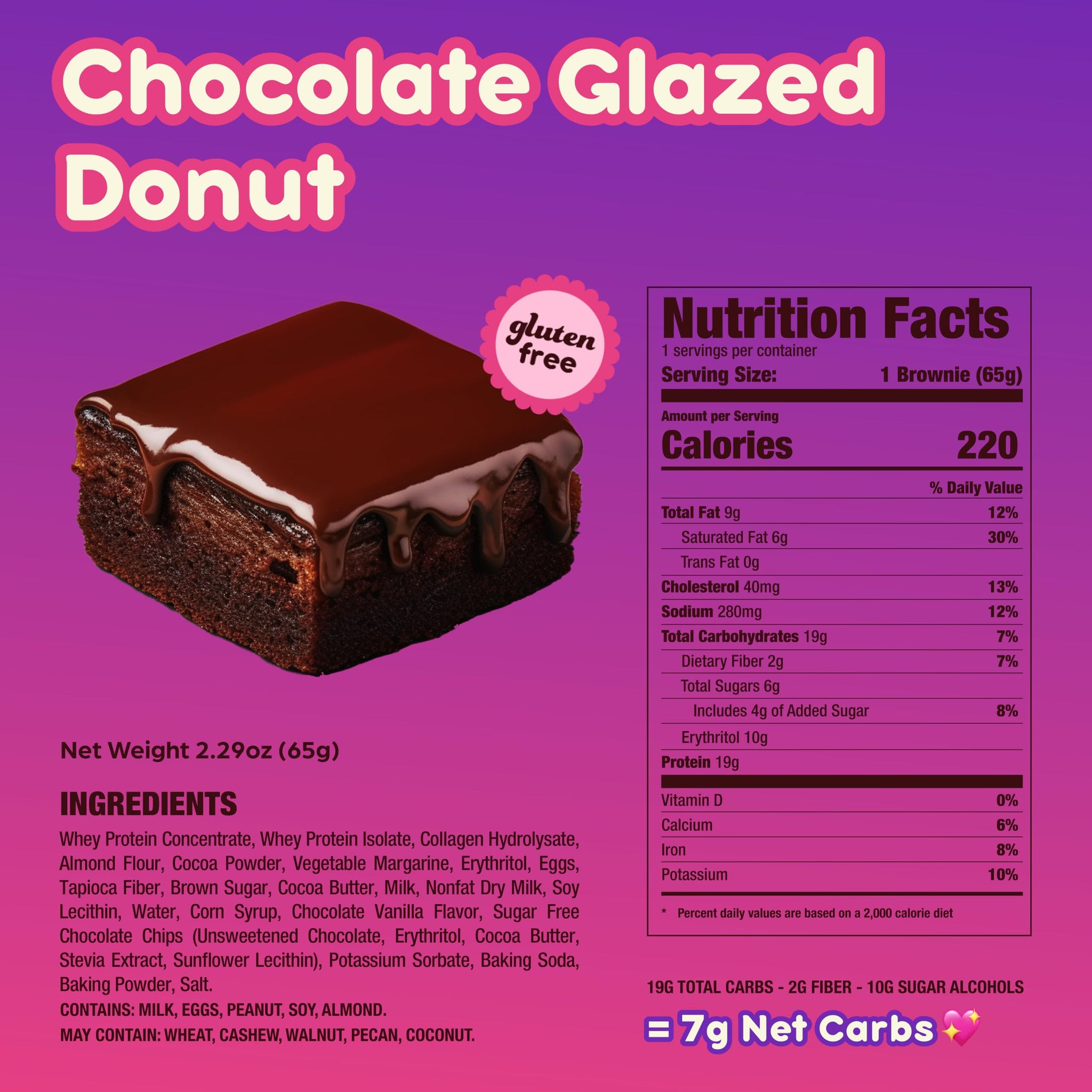 Prime Bites High Protein Brownie (12 Per Box, Chocolate Glazed Donut) - 19g of Protein, 5g of Collagen, Gluten Free, Low Sugar Treat, Delicious