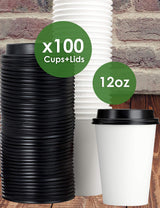 White 12 Oz Paper Coffee Cups With Recyclable Dome Lids, 100 Pk. BPA Free Disposable Drink Cup Set for Serving Hot Tea and Lattes at Kiosks, Shops