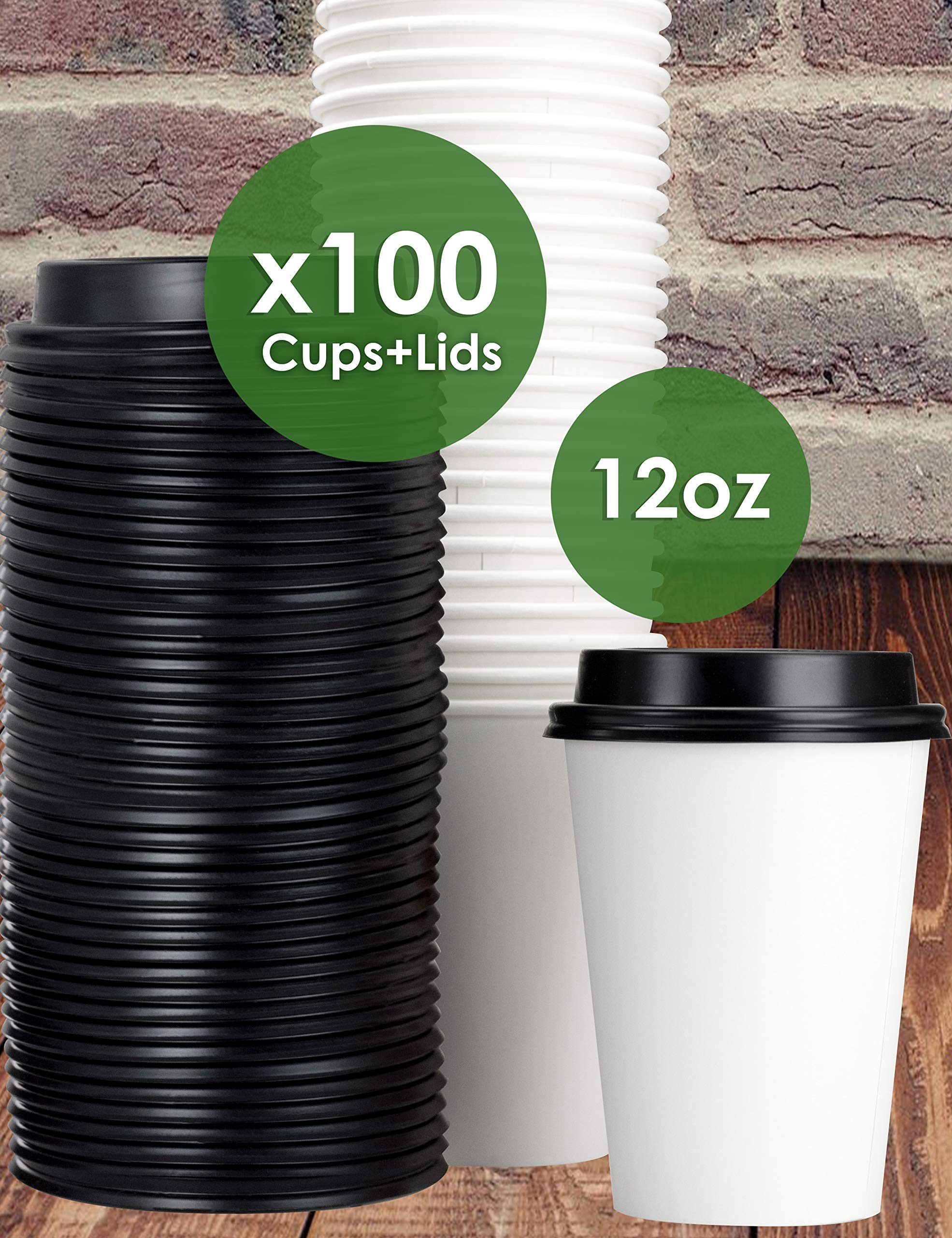 White 12 Oz Paper Coffee Cups With Recyclable Dome Lids, 100 Pk. BPA Free Disposable Drink Cup Set for Serving Hot Tea and Lattes at Kiosks, Shops