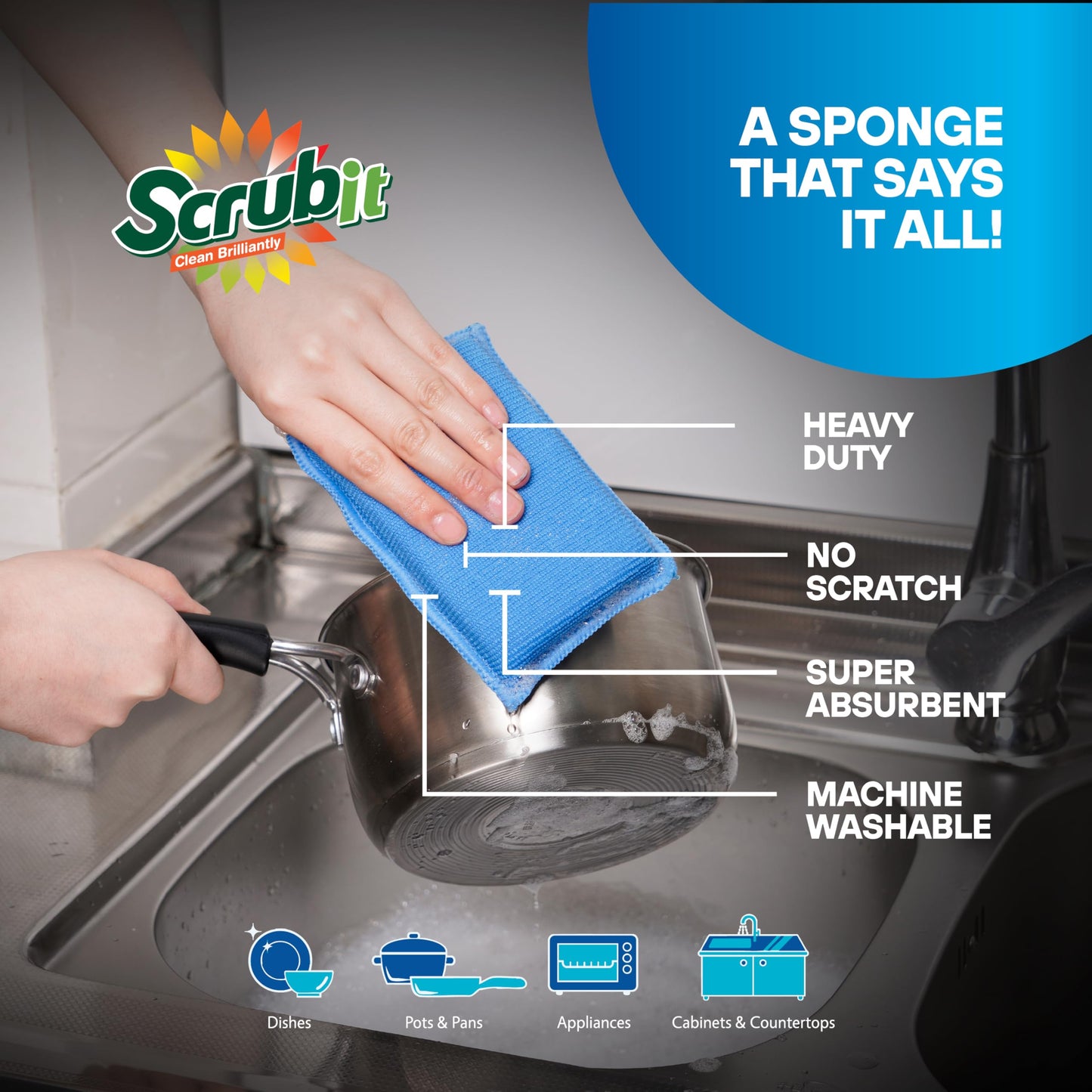 SCRUBIT Reusable Sponges for Dishes - 12 Pack Microfiber Sponges Kitchen Dish Scrubber, Machine Washable & Non-Scratch Scrubbers (Blue)
