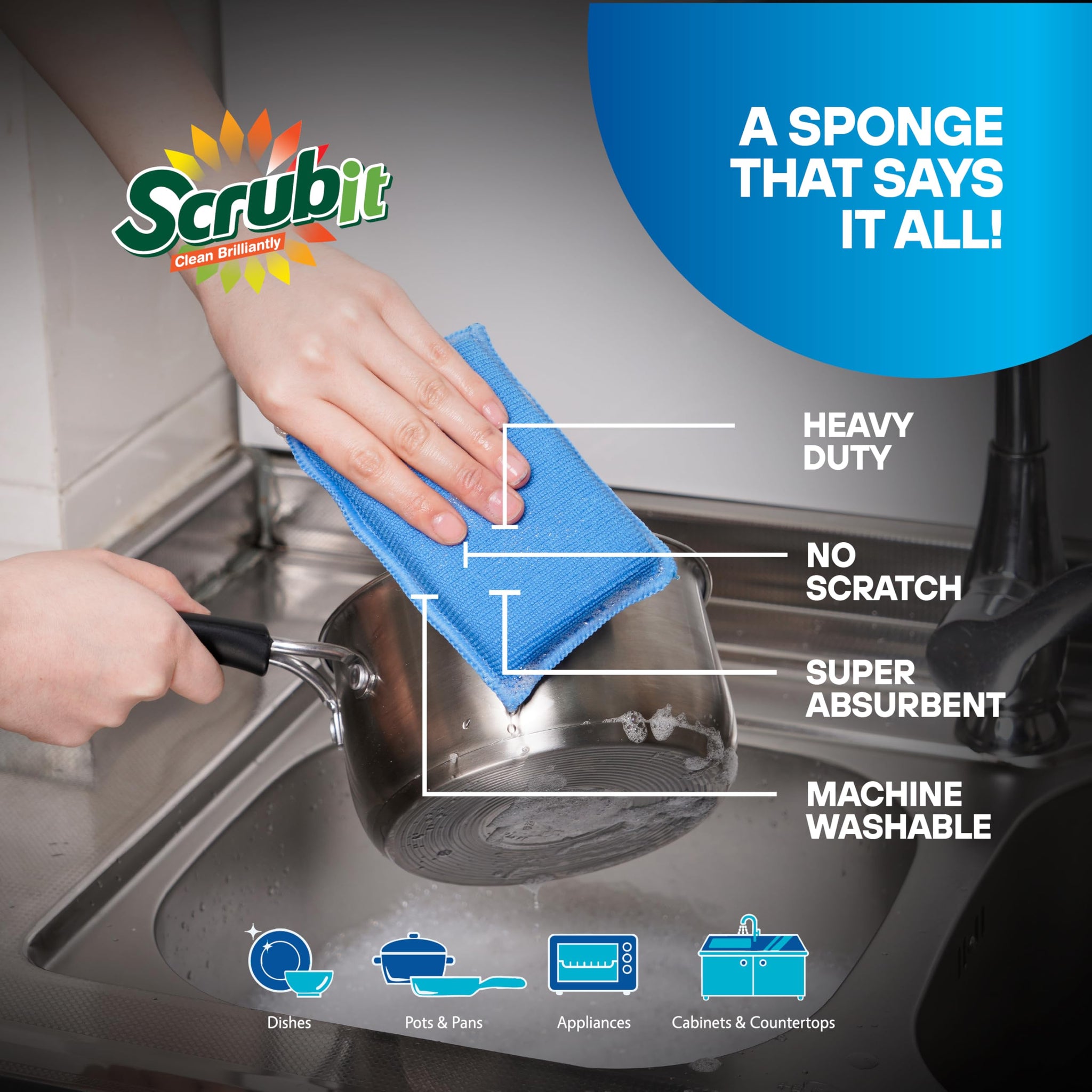 SCRUBIT Reusable Sponges for Dishes - 12 Pack Microfiber Sponges Kitchen Dish Scrubber, Machine Washable & Non-Scratch Scrubbers (Blue)