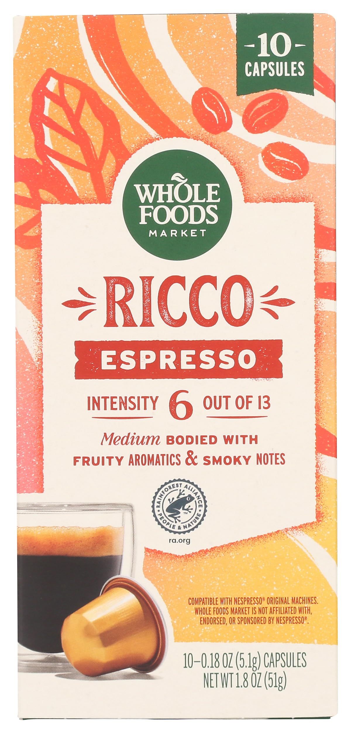 Whole Foods Market, Ricco Espresso Pods, Medium Bodied, Fruity Aromatics & Smoky Notes, 10 Count