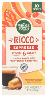Whole Foods Market, Ricco Espresso Pods, Medium Bodied, Fruity Aromatics & Smoky Notes, 10 Count