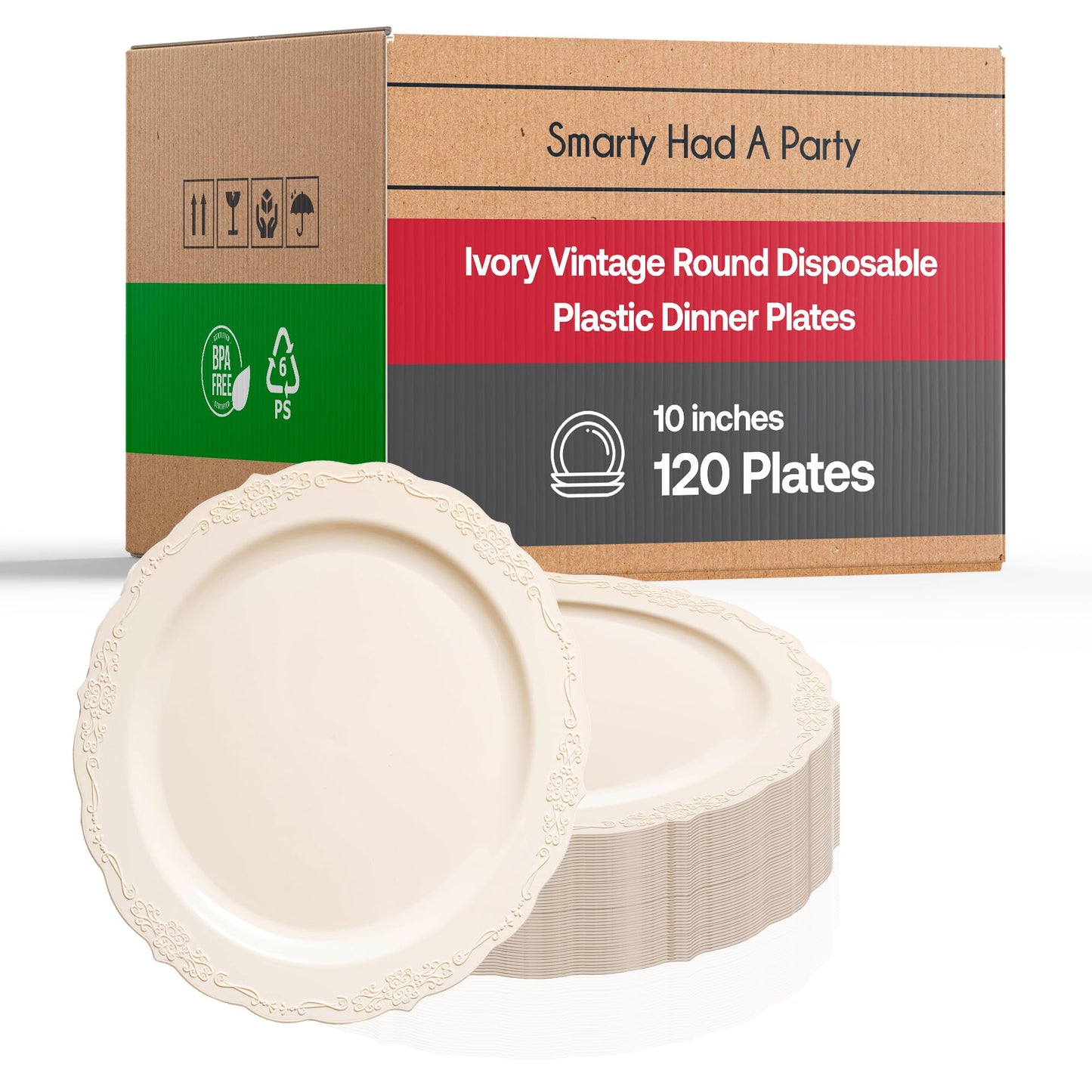Smarty Had A Party Ivory Scalloped Plastic Dinner Plates 10 inch (120 Pieces) - Heavy Duty Disposable Plates for Wedding - Fancy Upscale Disposable
