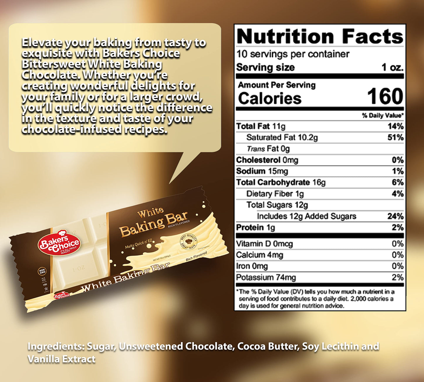 Baker's Choice White Baking Chocolate Bar - Microwaveable Chocolate Easy Melt Bar - Almond Bark Coating, Candy Coating - Kosher, Non-Dairy, Vegan and Non GMO - 10 oz (284g)
