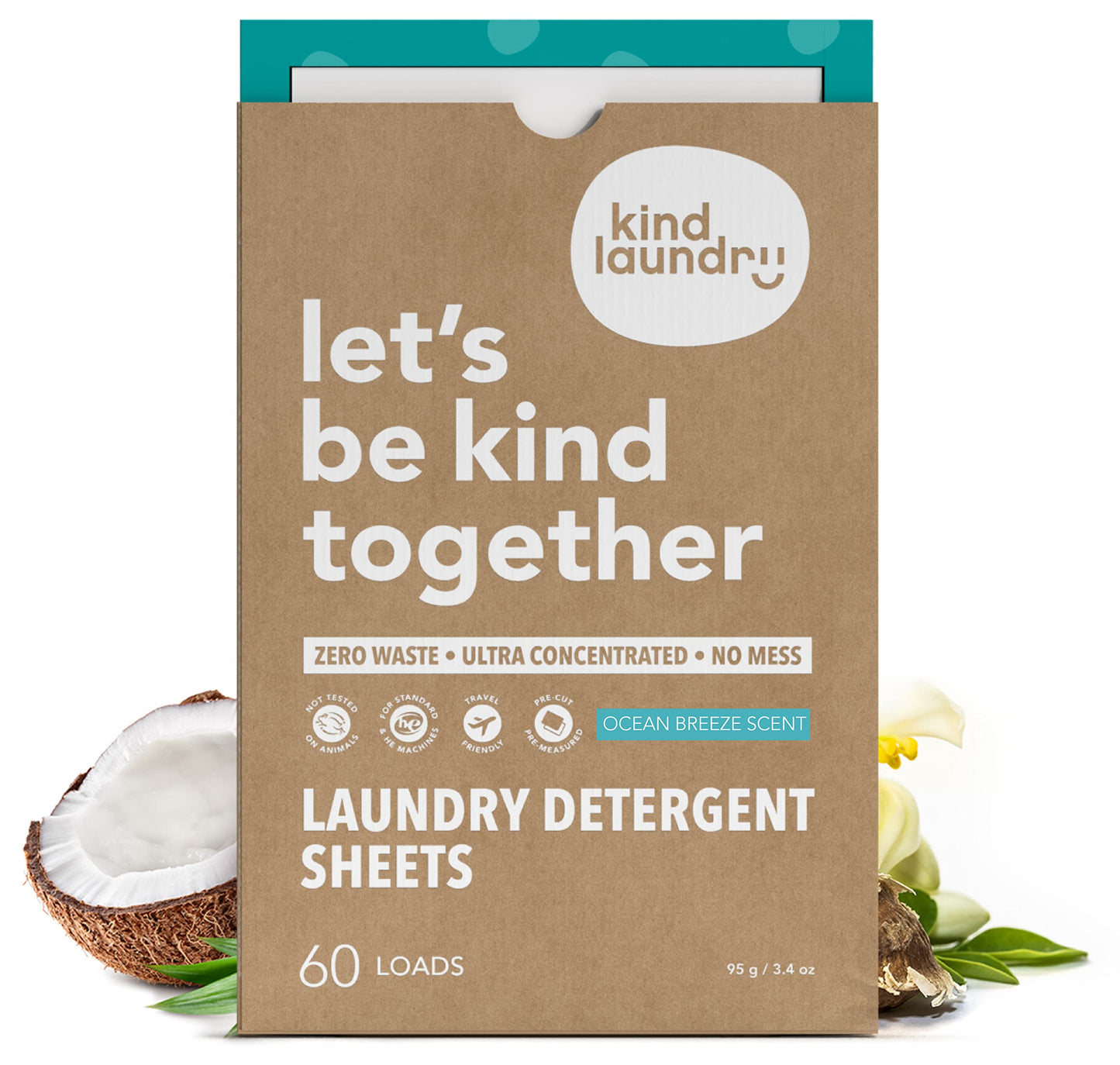 Kind Laundry Detergent Sheets - 60 Loads Ocean Breeze, EWG Verified, No Residue After Wash, Eco Plastic-Free Liquidless Laundry Soap, Non-Toxic