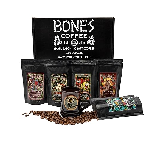 Bones Coffee Company NEW World Tour Sample Pack Box Set with Specialty Coffee Mug, 5 Assorted Single-Origin Low Acid Medium Roast Arabica Beans