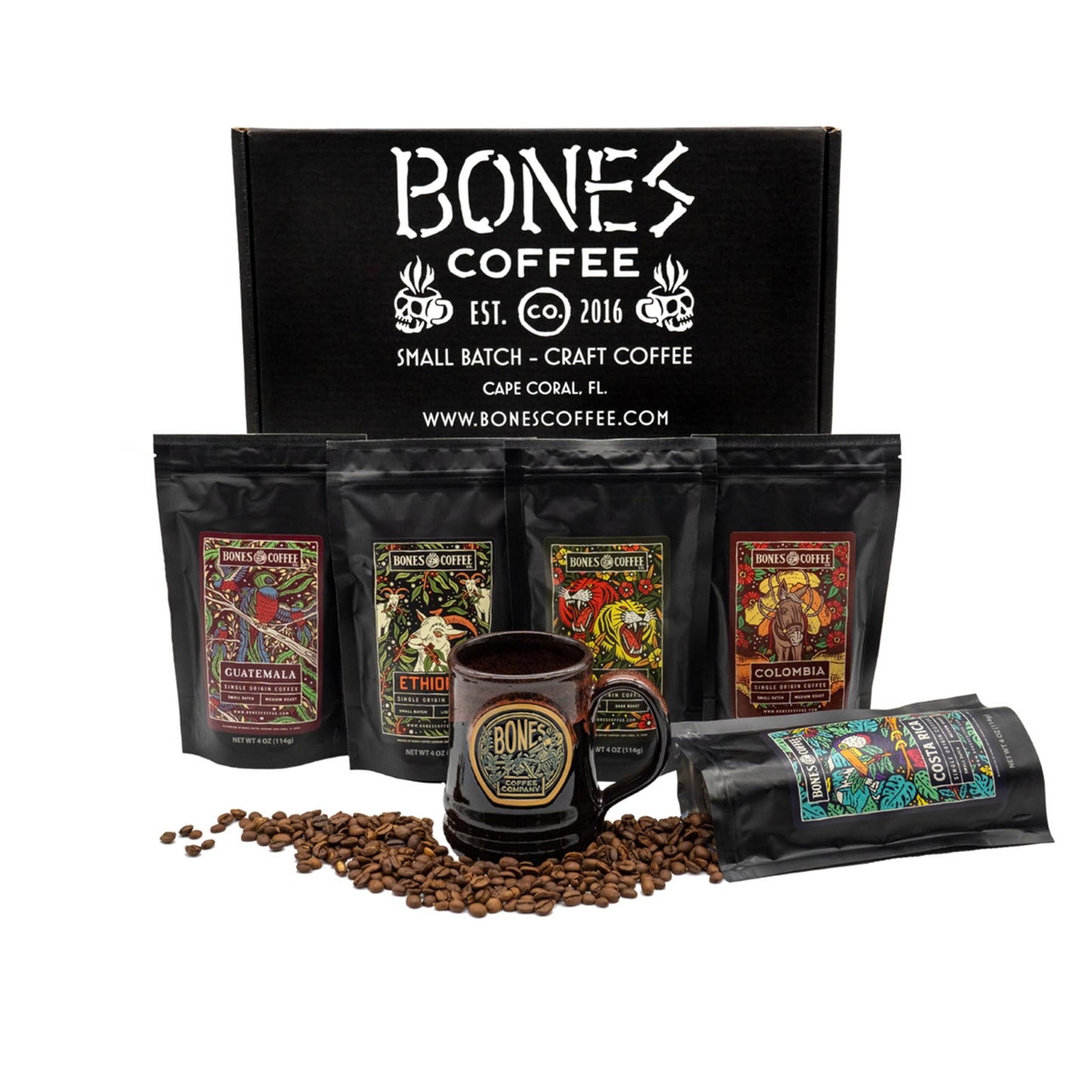 Bones Coffee Company NEW World Tour Sample Pack Box Set with Specialty Coffee Mug, 5 Assorted Single-Origin Low Acid Medium Roast Arabica Beans