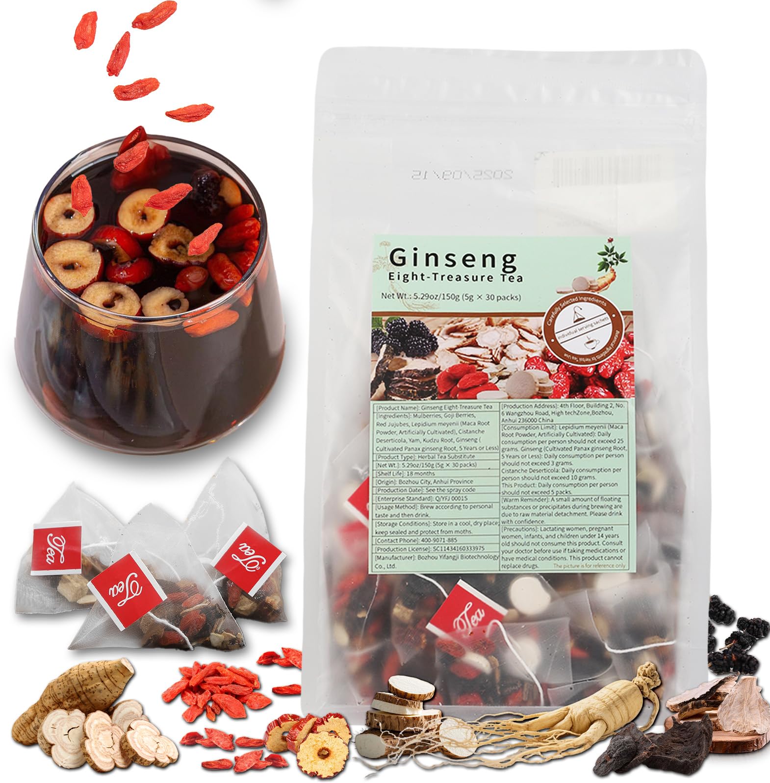 Ginseng Eight Treasures Tea Brings Vitality, Traditional Kidney Protecting Herbal Tea, Kidney Cleansing And Detoxification, 8 Precious Traditional