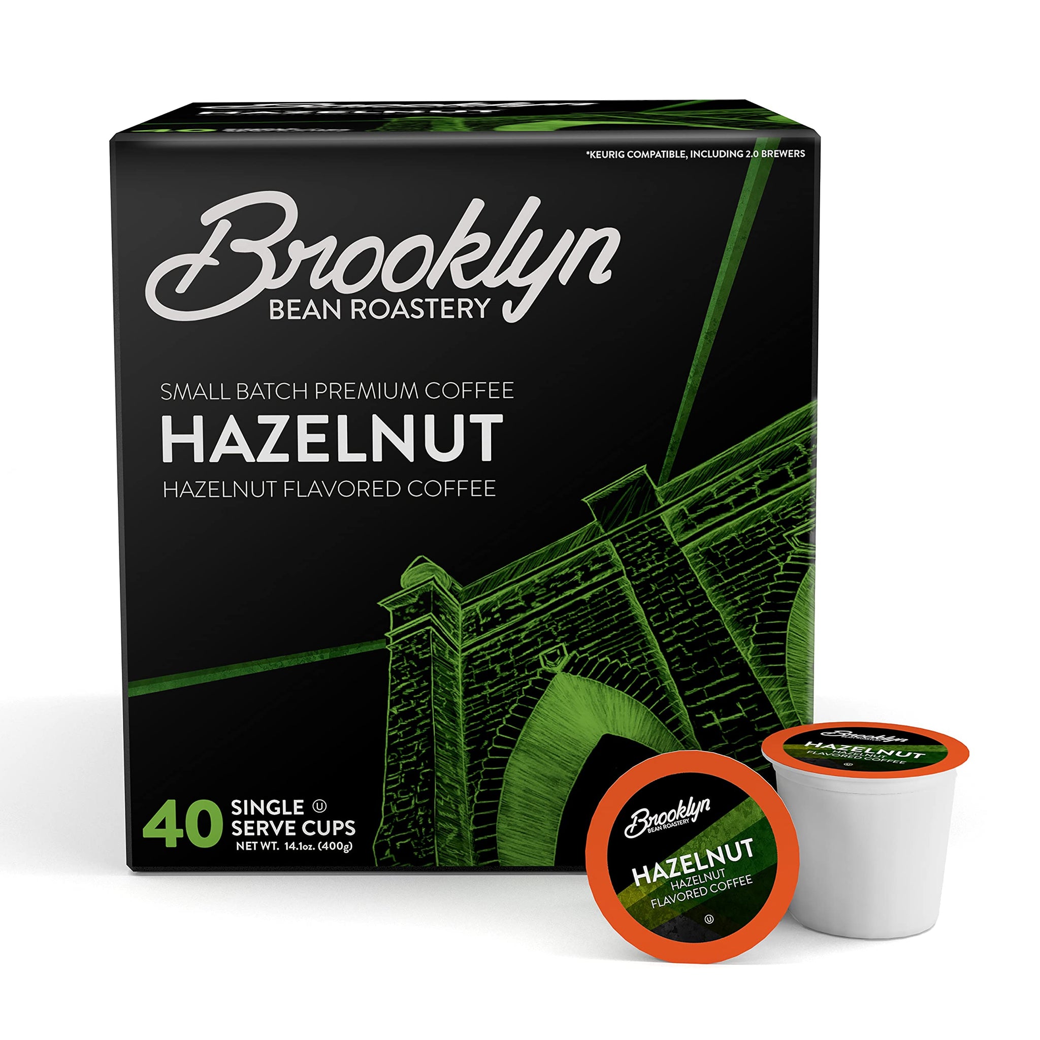 Brooklyn Beans Hazelnut Gourmet Coffee Pods - Compatible with Keurig K Cup Brewers Including 2.0 Machines, 40 Count, Rich and Nutty Hazelnut Flavored